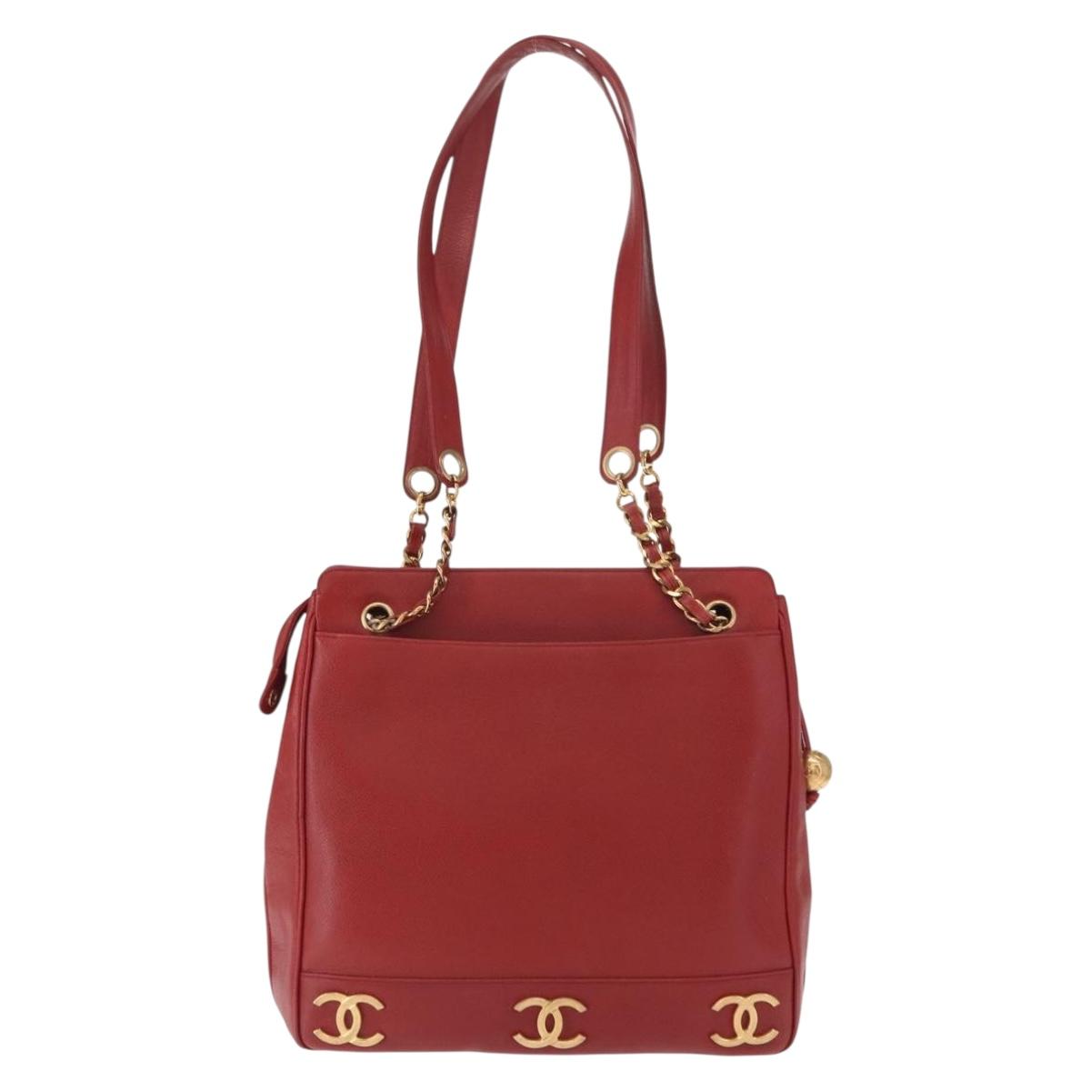 CHANEL Tote Bag Caviar Skin Red Gold CC Auth BA8976