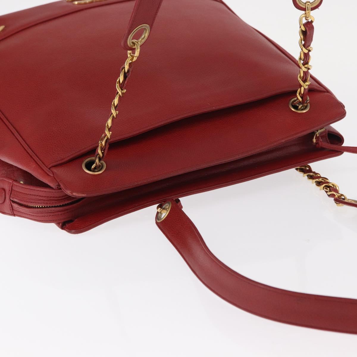 CHANEL Tote Bag Caviar Skin Red Gold CC Auth BA8976
