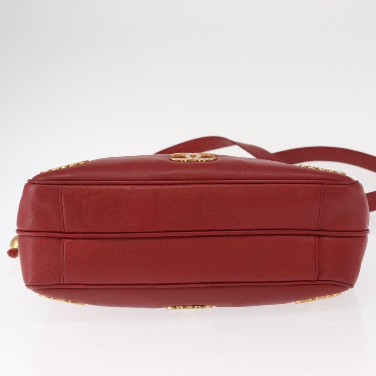 CHANEL Tote Bag Caviar Skin Red Gold CC Auth BA8976