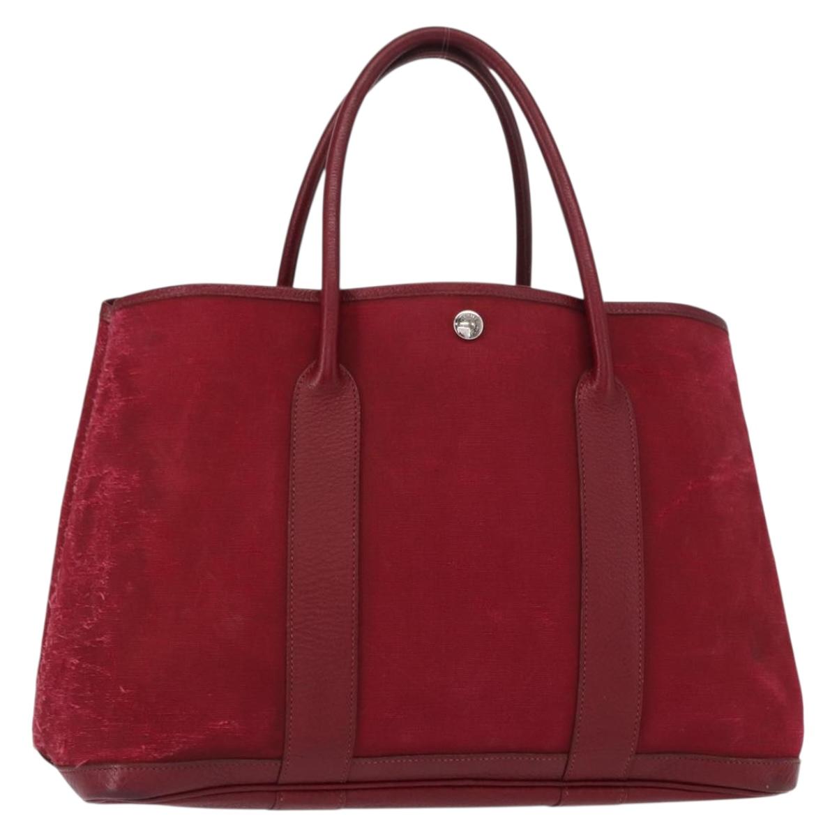 HERMES Garden Party MM Hand Bag Canvas Leather Red Auth BA8990