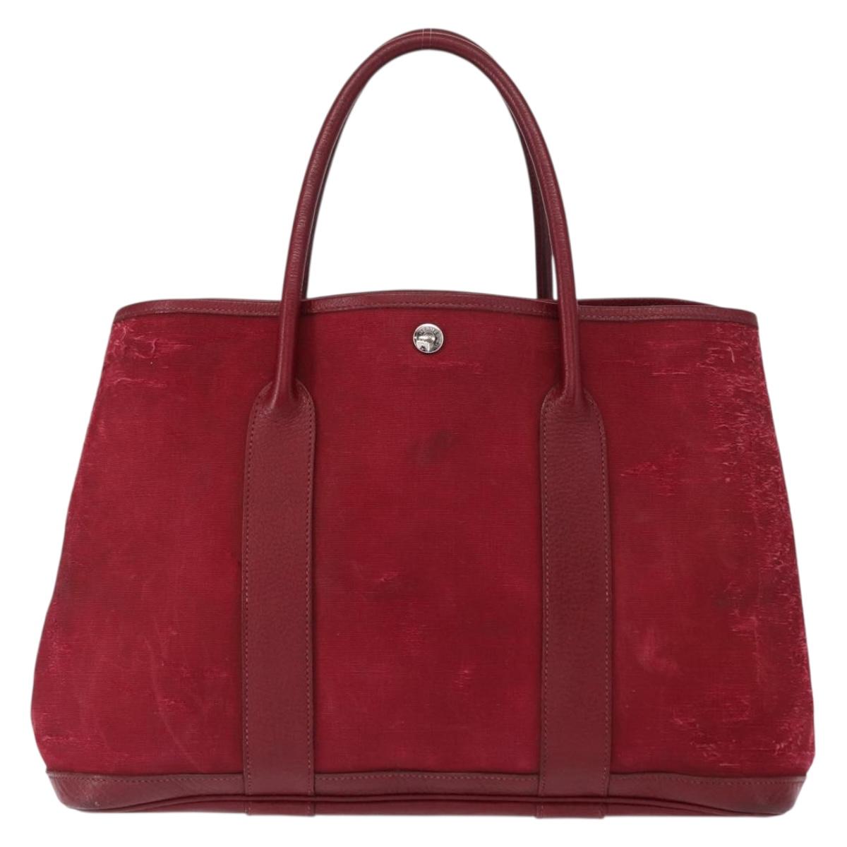 HERMES Garden Party MM Hand Bag Canvas Leather Red Auth BA8990