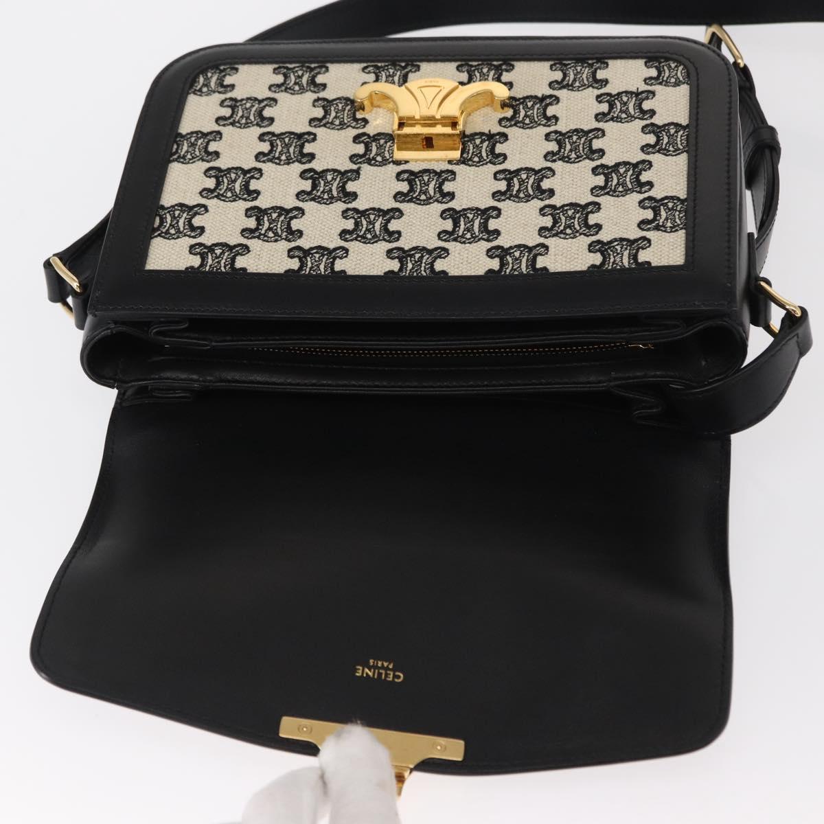 CELINE Teen Triomphe Shoulder Bag Leather Canvas Black White Auth BA8997M