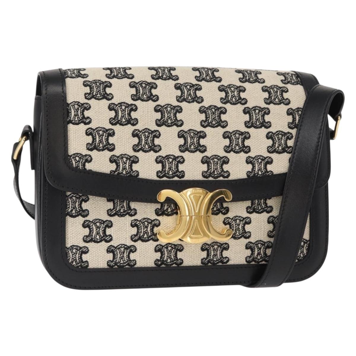 CELINE Teen Triomphe Shoulder Bag Leather Canvas Black White Auth BA8997M