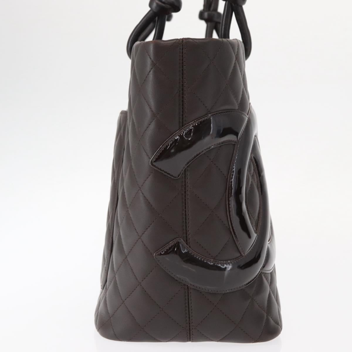 CHANEL Cambon Line Matelasse Bag Lamb Skin Dark Brown Silver CC Auth BA9000SAM