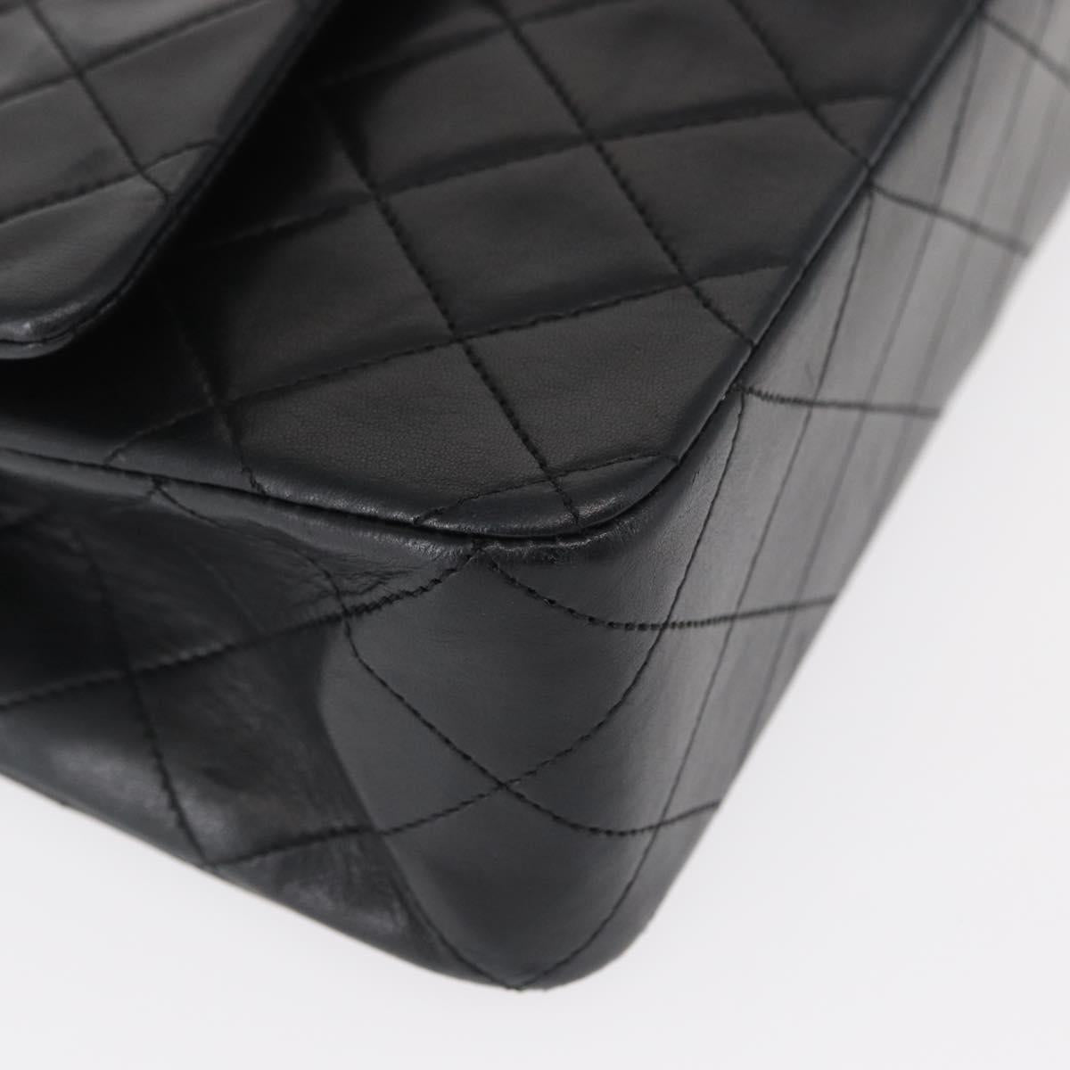 CHANEL Matelasse 25 Double Flap Chain Bag Lamb Skin Black Gold CC Auth BA9001SAM