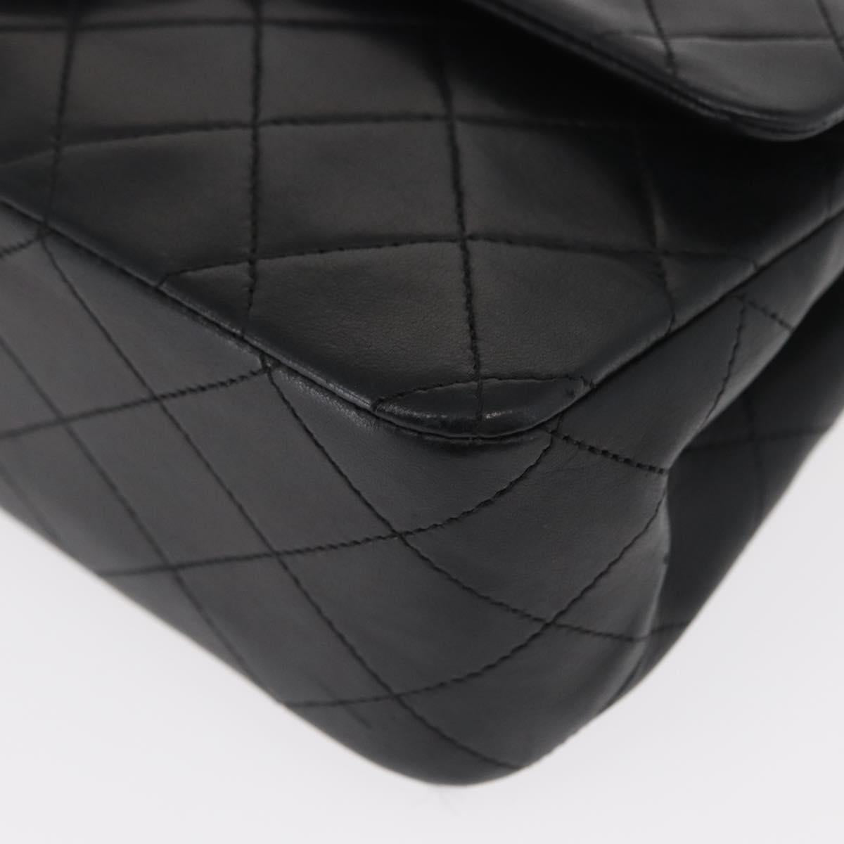 CHANEL Matelasse 25 Double Flap Chain Bag Lamb Skin Black Gold CC Auth BA9001SAM