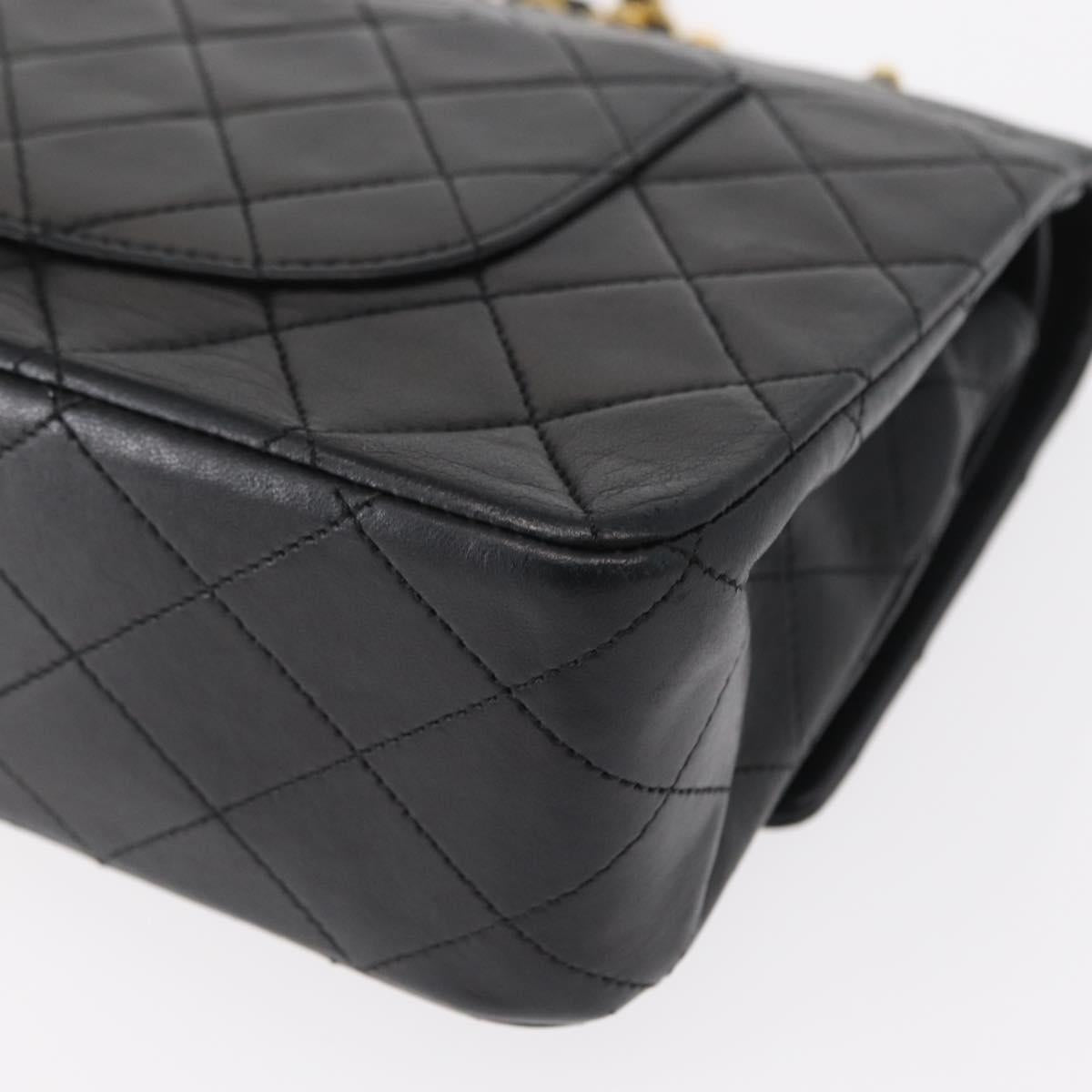 CHANEL Matelasse 25 Double Flap Chain Bag Lamb Skin Black Gold CC Auth BA9001SAM
