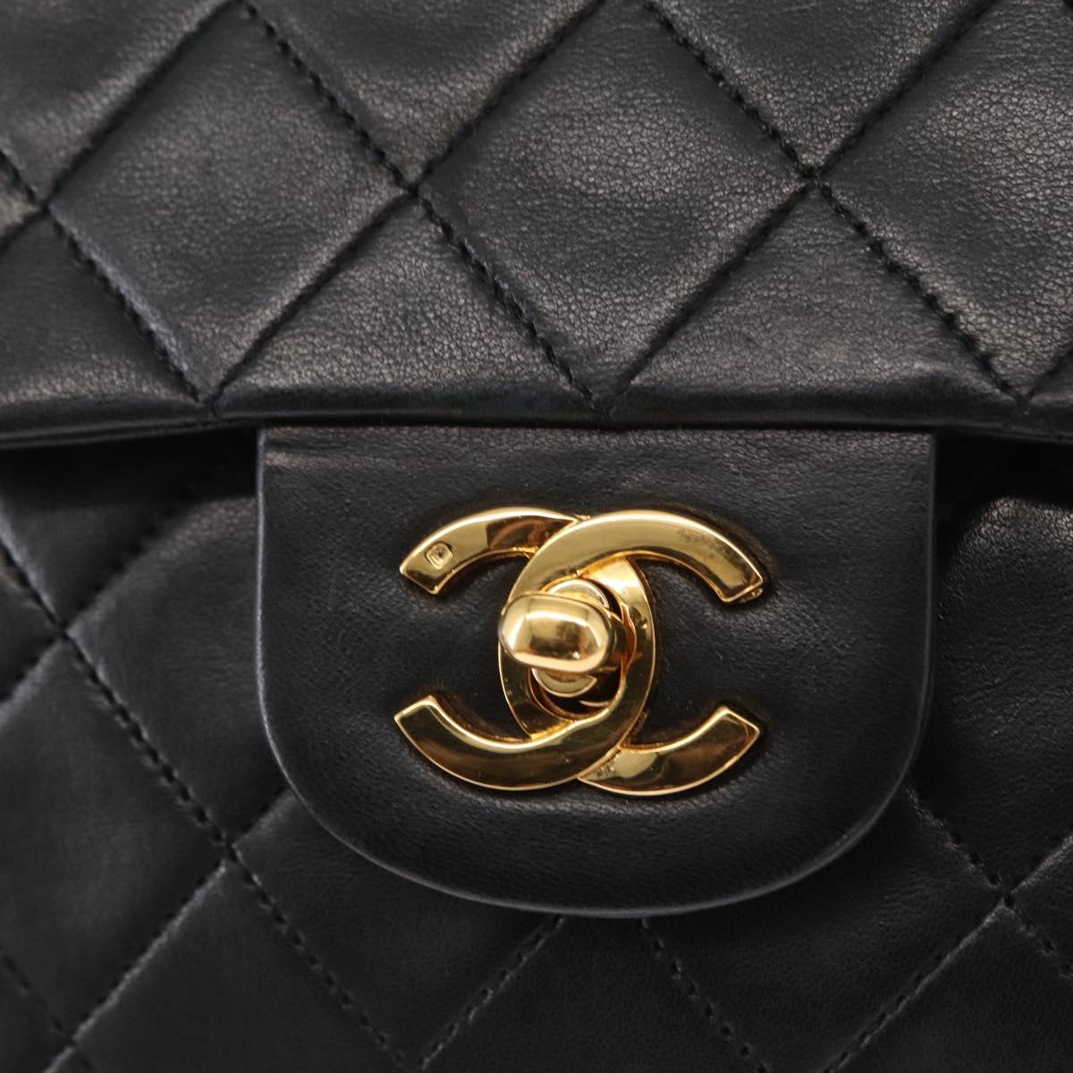 CHANEL Matelasse 25 Double Flap Chain Bag Lamb Skin Black Gold CC Auth BA9001SAM