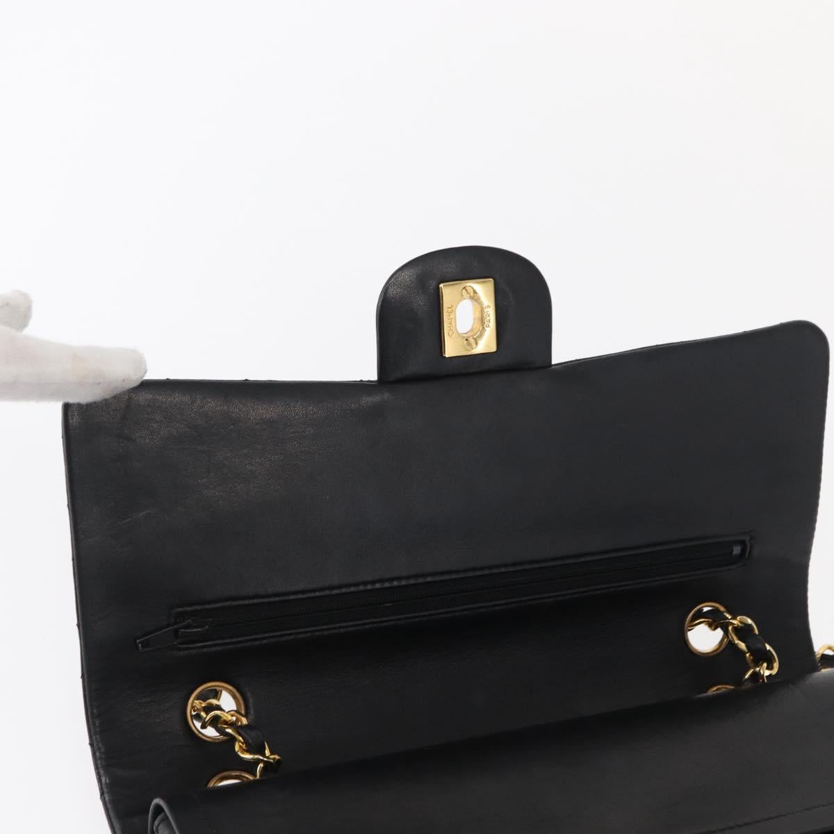 CHANEL Matelasse 25 Double Flap Chain Bag Lamb Skin Black Gold CC Auth BA9001SAM