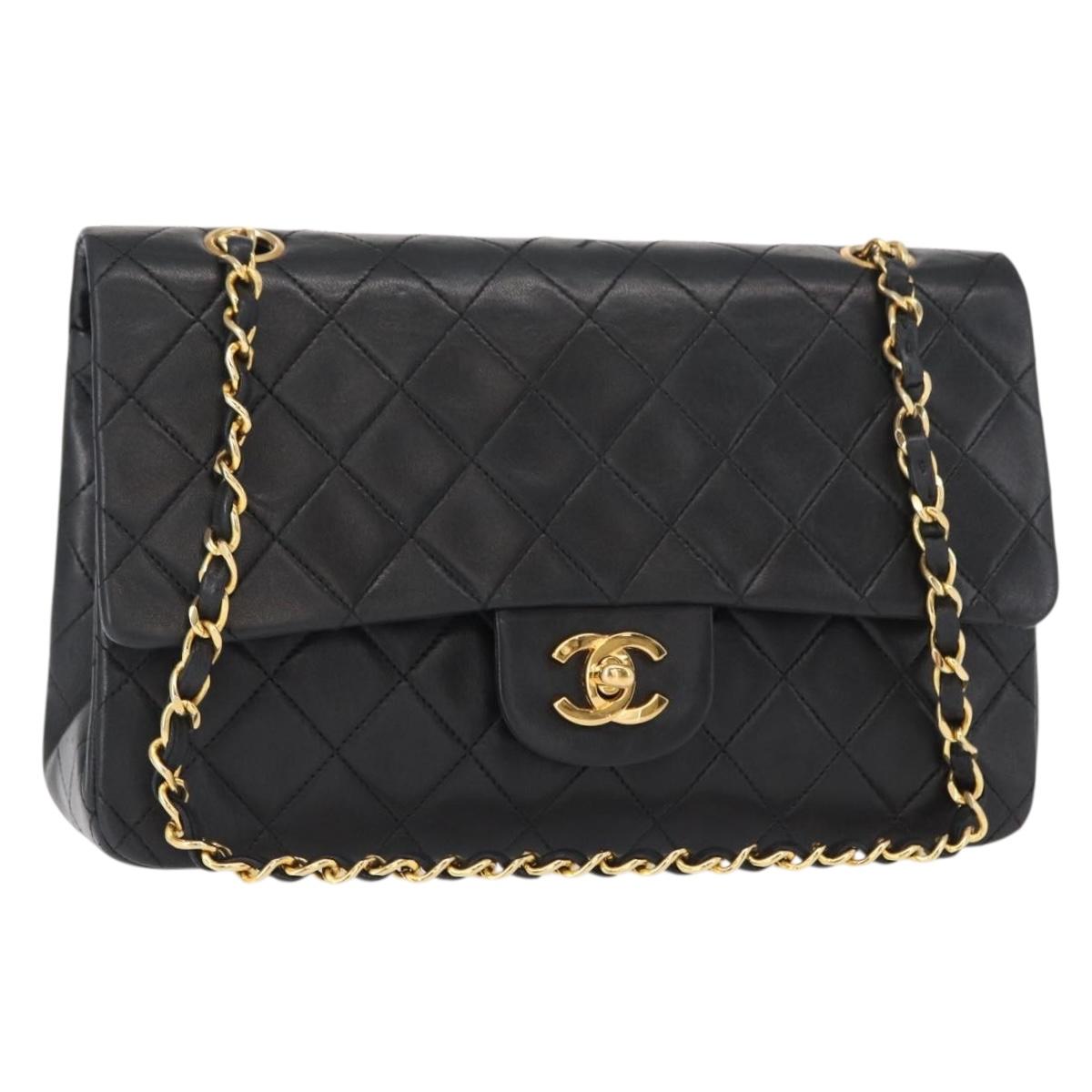 CHANEL Matelasse 25 Double Flap Chain Bag Lamb Skin Black Gold CC Auth BA9001SAM