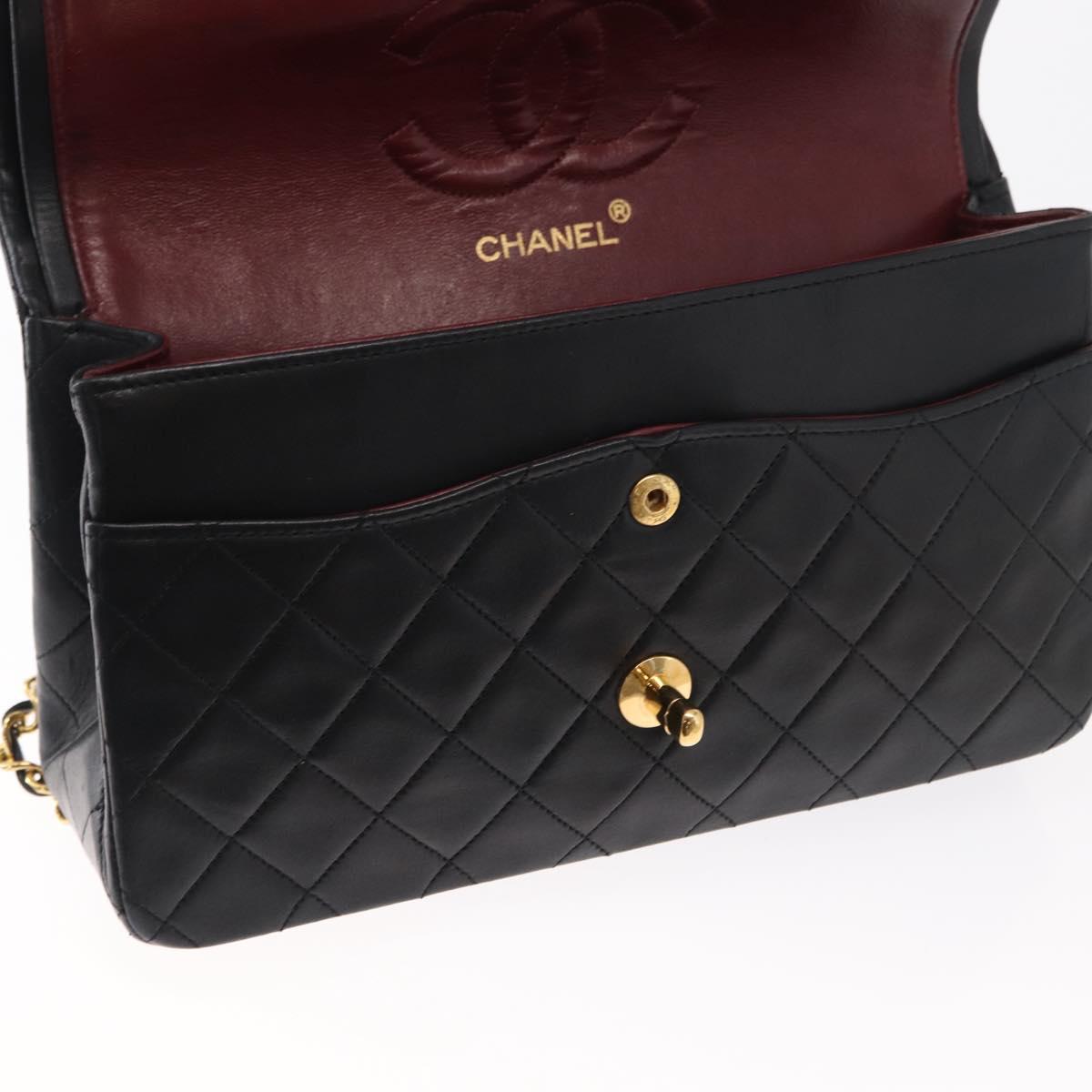 CHANEL Matelasse 25 Double Flap Chain Bag Lamb Skin Black Gold CC Auth BA9001SAM