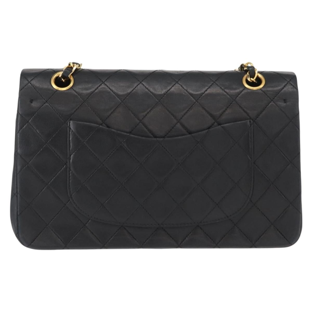 CHANEL Matelasse 25 Double Flap Chain Bag Lamb Skin Black Gold CC Auth BA9001SAM