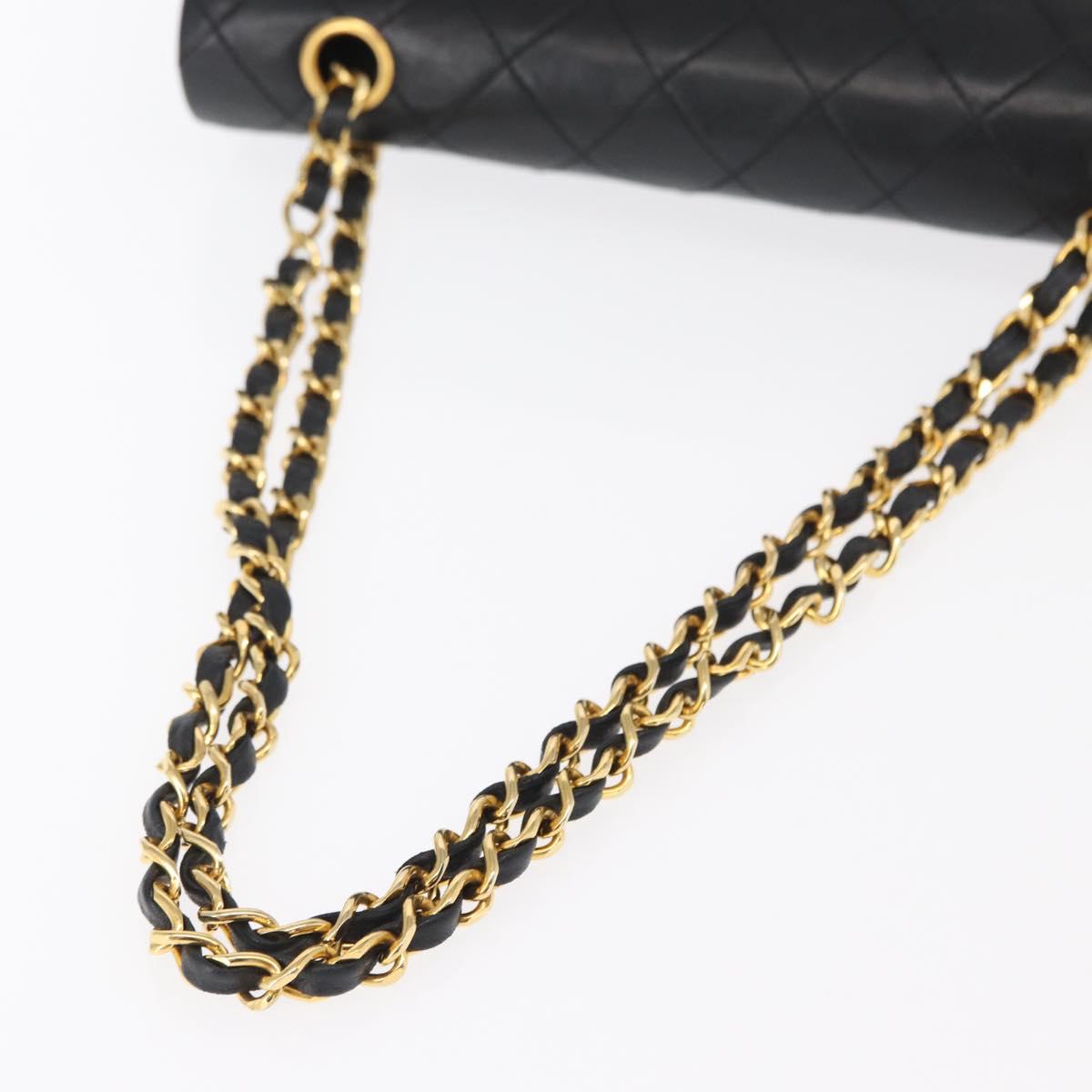 CHANEL Matelasse 25 Double Flap Chain Bag Lamb Skin Black Gold CC Auth BA9001SAM