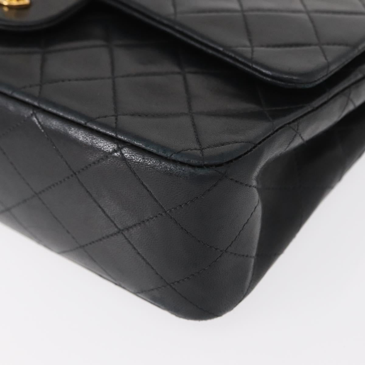 CHANEL Matelasse 25 Double Flap Chain Bag Lamb Skin Black Gold CC Auth BA9002SAV