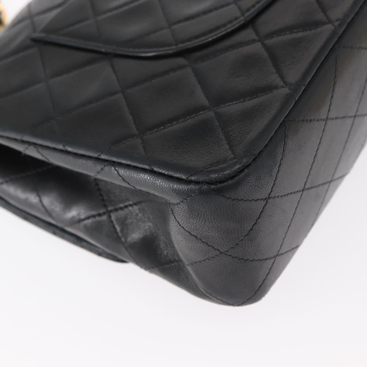 CHANEL Matelasse 25 Double Flap Chain Bag Lamb Skin Black Gold CC Auth BA9002SAV