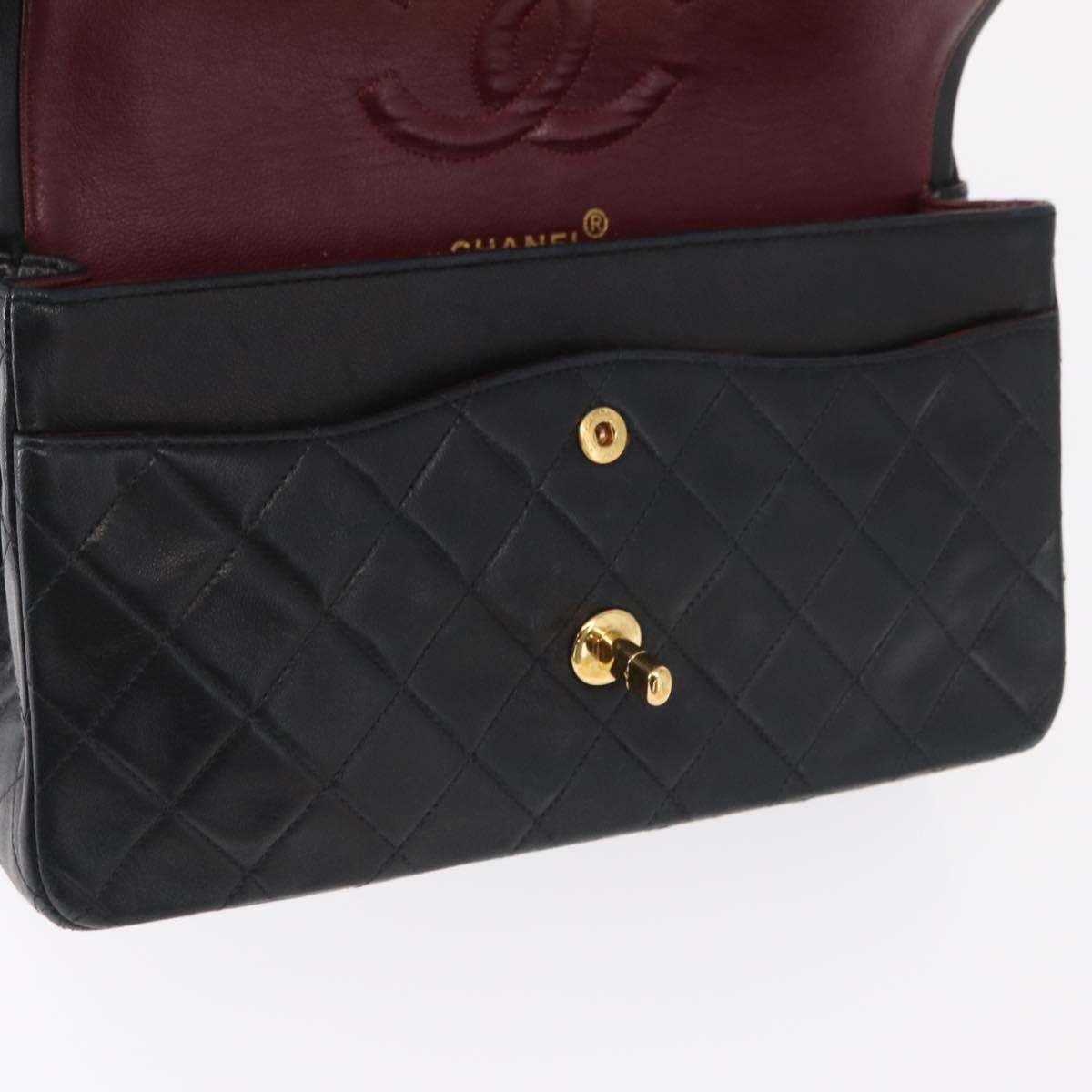 CHANEL Matelasse 25 Double Flap Chain Bag Lamb Skin Black Gold CC Auth BA9002SAV