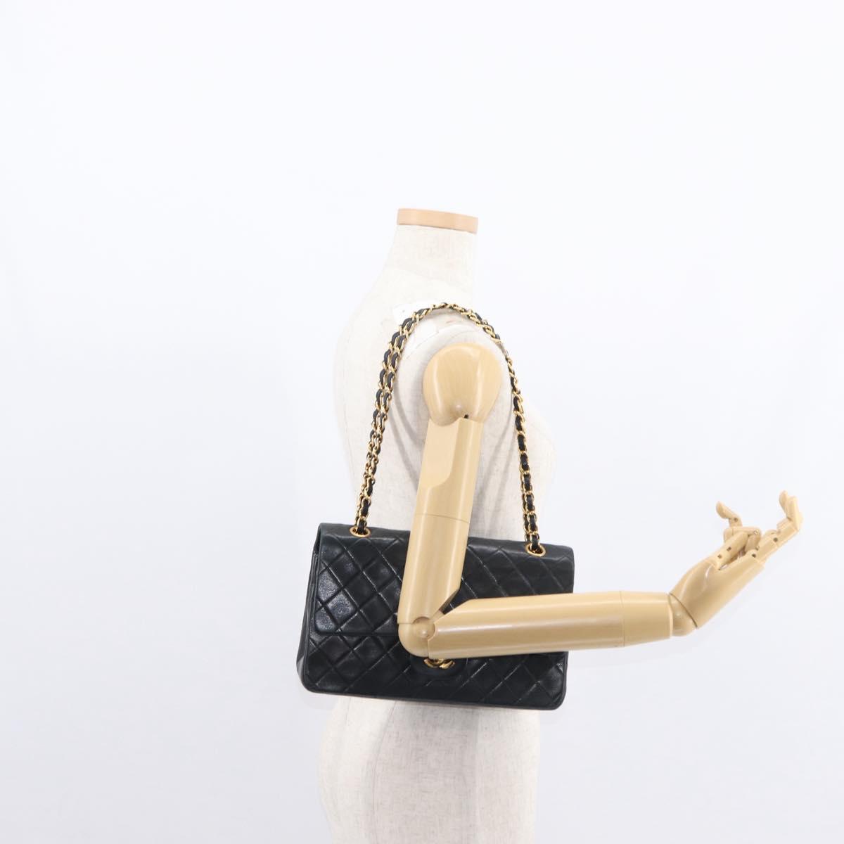 CHANEL Matelasse 25 Double Flap Chain Bag Lamb Skin Black Gold CC Auth BA9002SAV