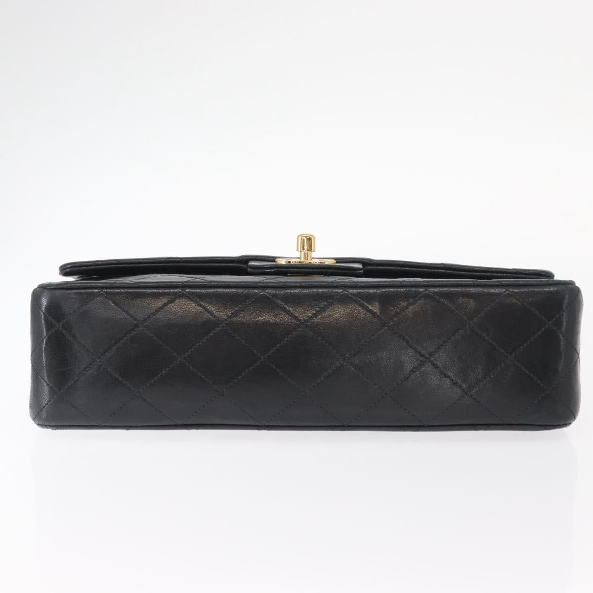 CHANEL Matelasse 25 Double Flap Chain Bag Lamb Skin Black Gold CC Auth BA9002SAV
