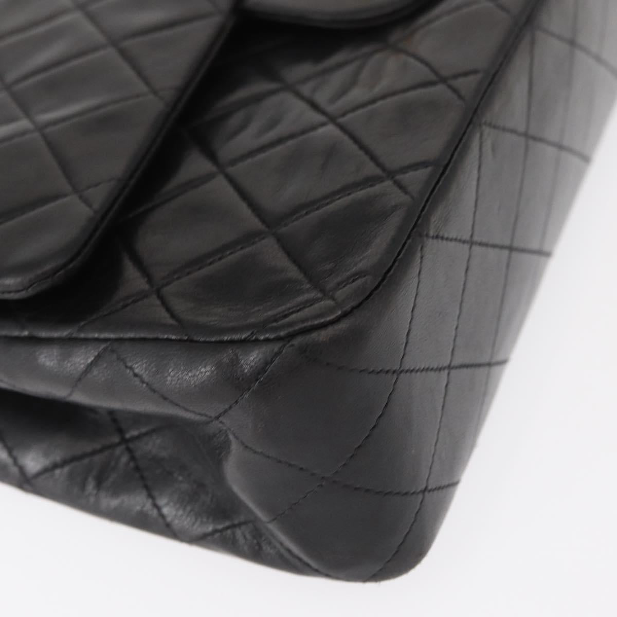 CHANEL Matelasse 25 Double Flap Chain Bag Lamb Skin Black Gold CC Auth BA9003SAV