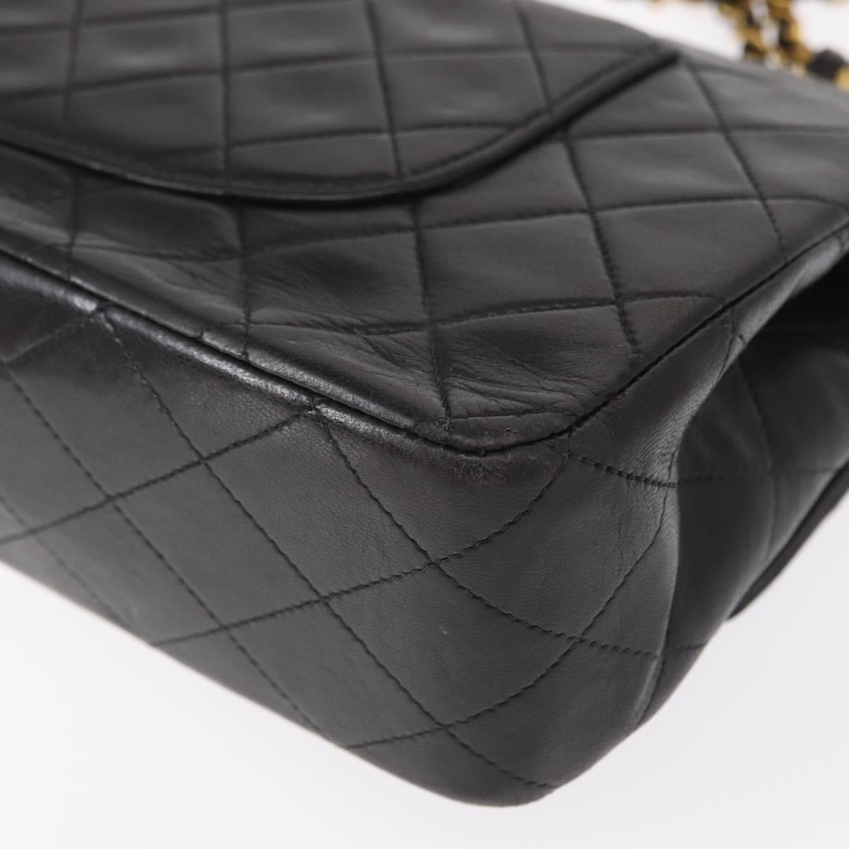 CHANEL Matelasse 25 Double Flap Chain Bag Lamb Skin Black Gold CC Auth BA9003SAV