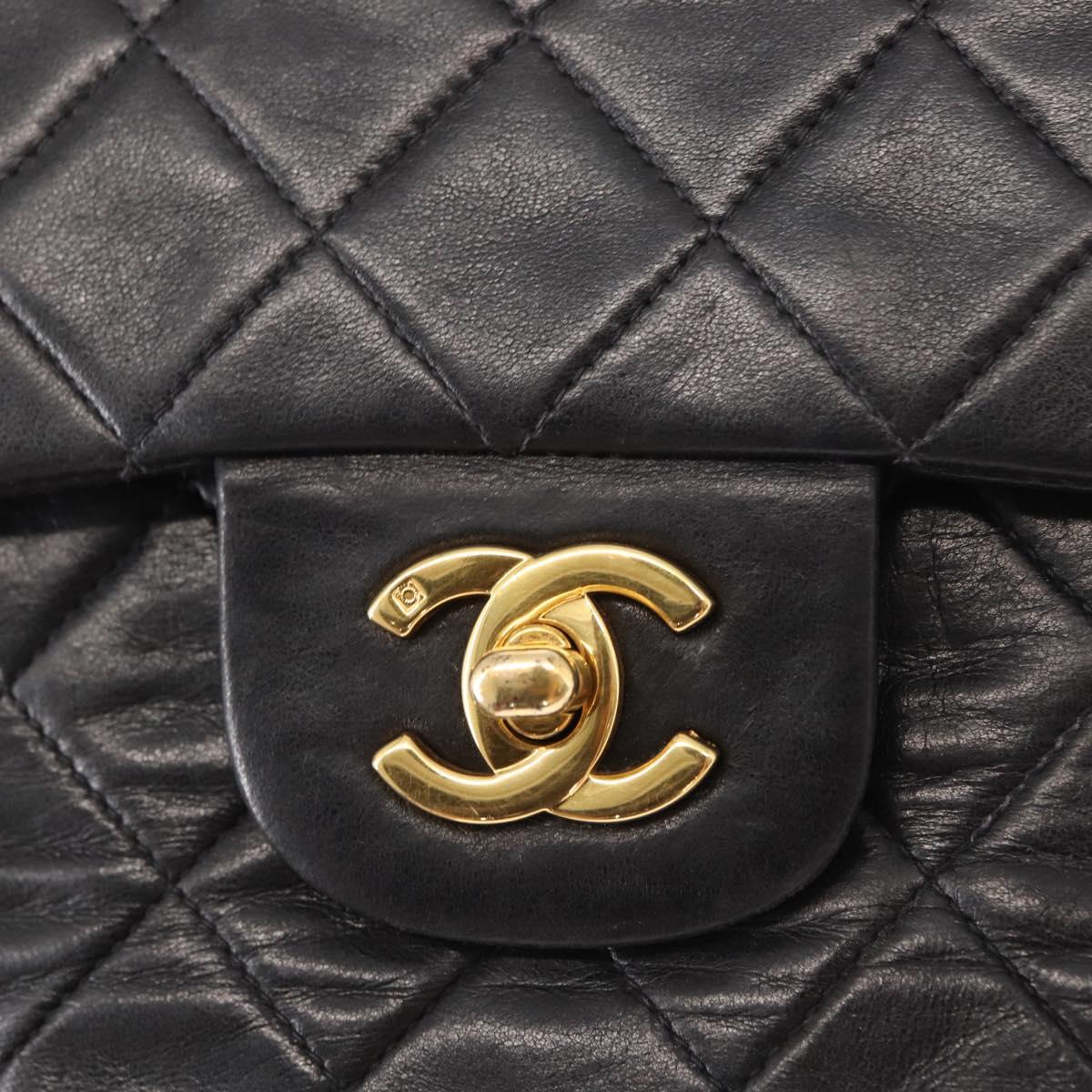CHANEL Matelasse 25 Double Flap Chain Bag Lamb Skin Black Gold CC Auth BA9003SAV