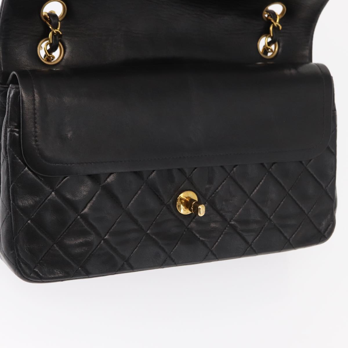 CHANEL Matelasse 25 Double Flap Chain Bag Lamb Skin Black Gold CC Auth BA9003SAV