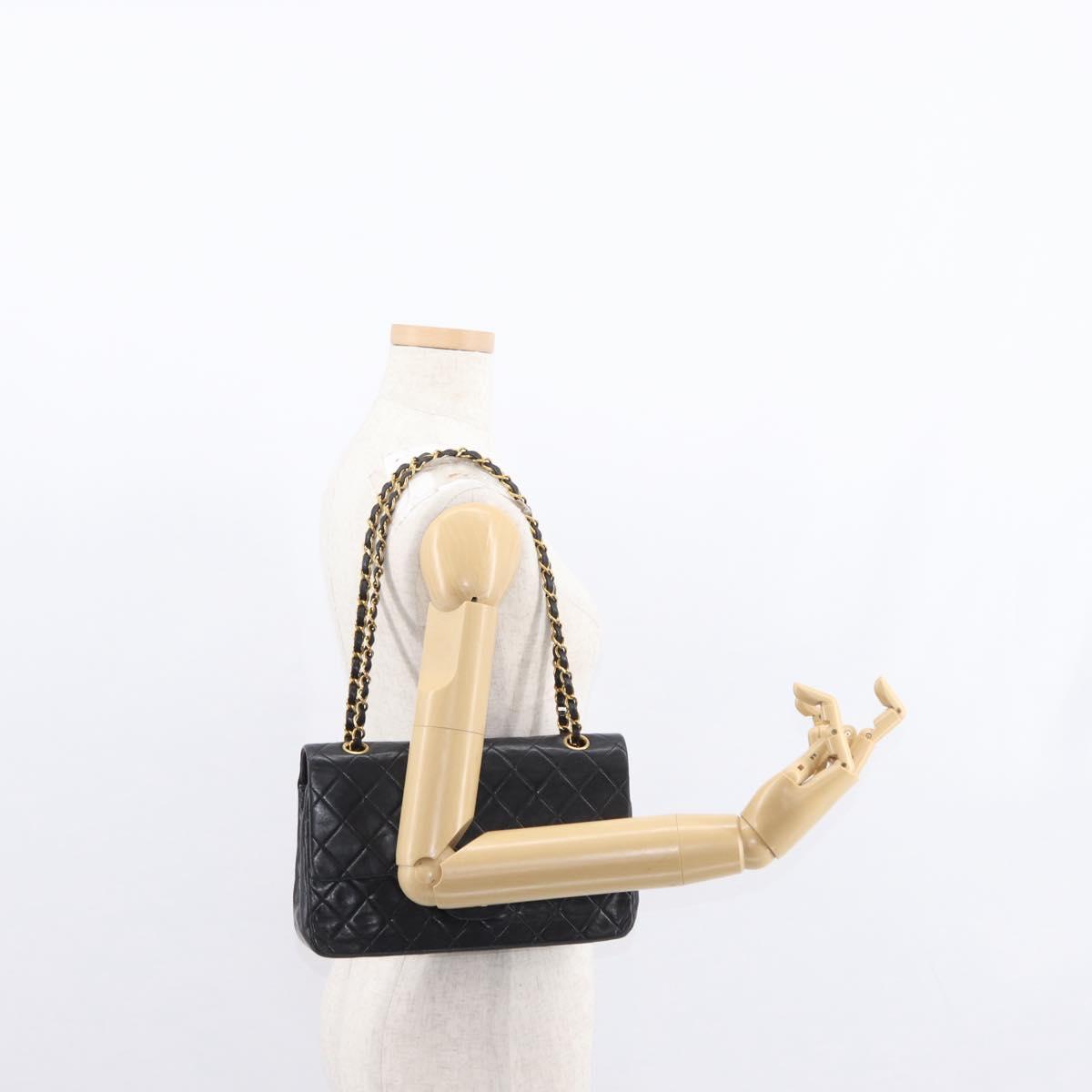 CHANEL Matelasse 25 Double Flap Chain Bag Lamb Skin Black Gold CC Auth BA9003SAV