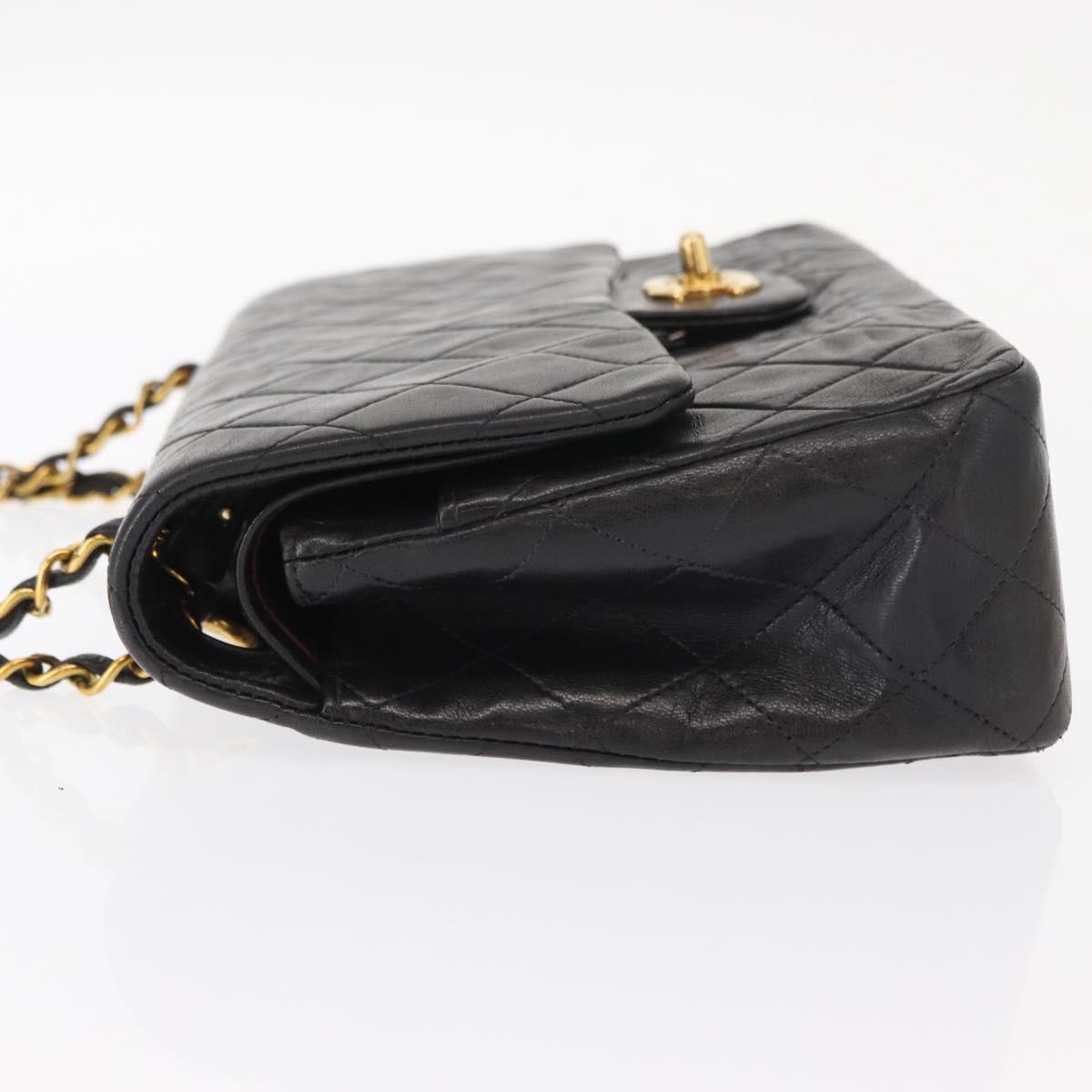 CHANEL Matelasse 25 Double Flap Chain Bag Lamb Skin Black Gold CC Auth BA9003SAV