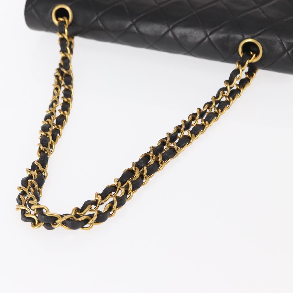 CHANEL Matelasse 25 Double Flap Chain Bag Lamb Skin Black Gold CC Auth BA9003SAV