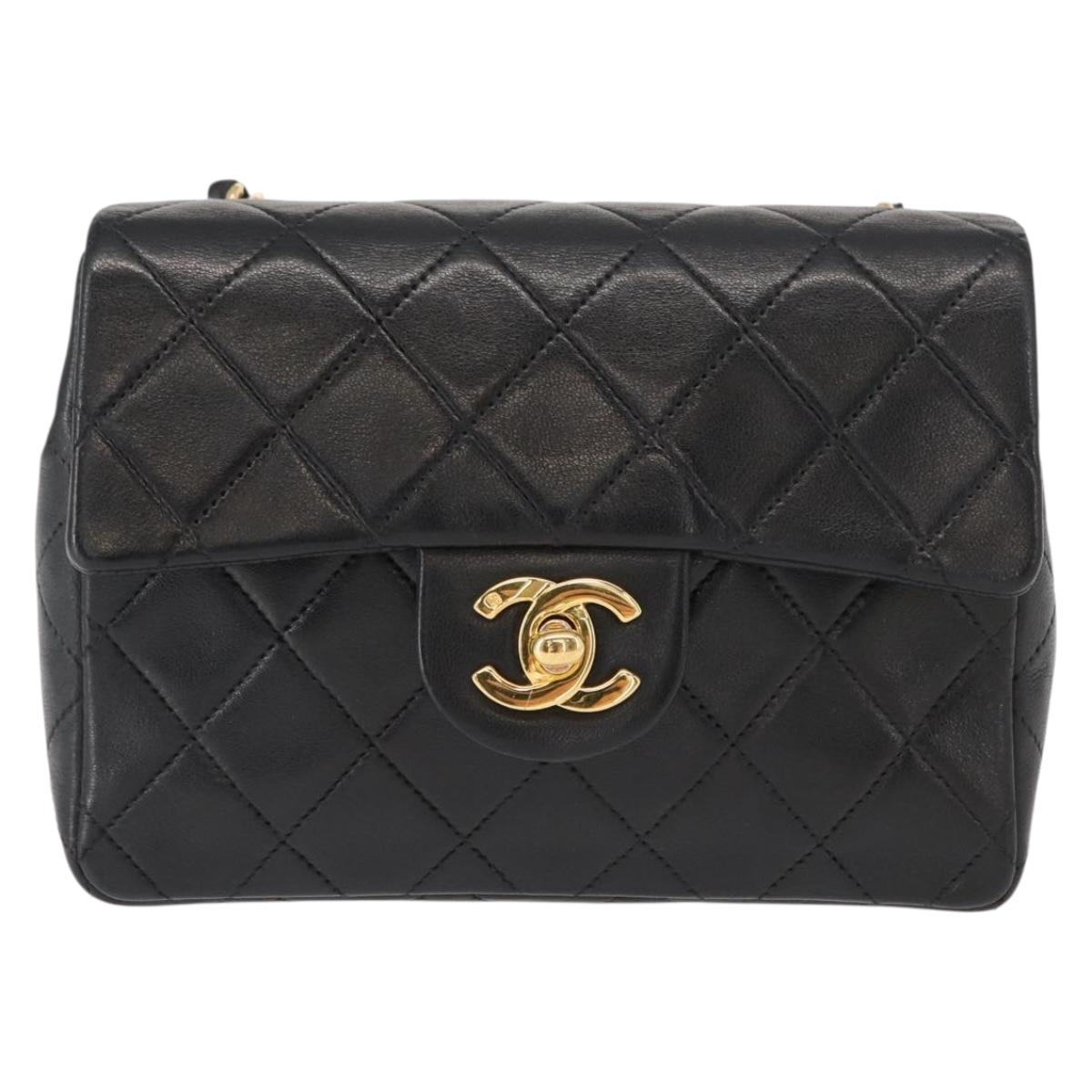 CHANEL Mini Matelasse 17 Chain Bag Lamb Skin Black Gold CC Auth BA9004SAM