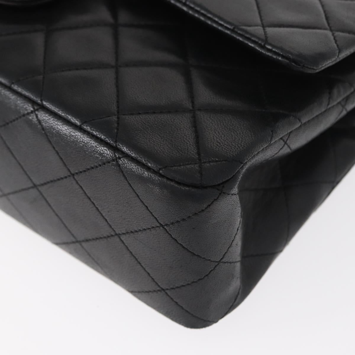 CHANEL Matelasse 25 Double Flap Chain Bag Lamb Skin Black Gold CC Auth BA9005SAM