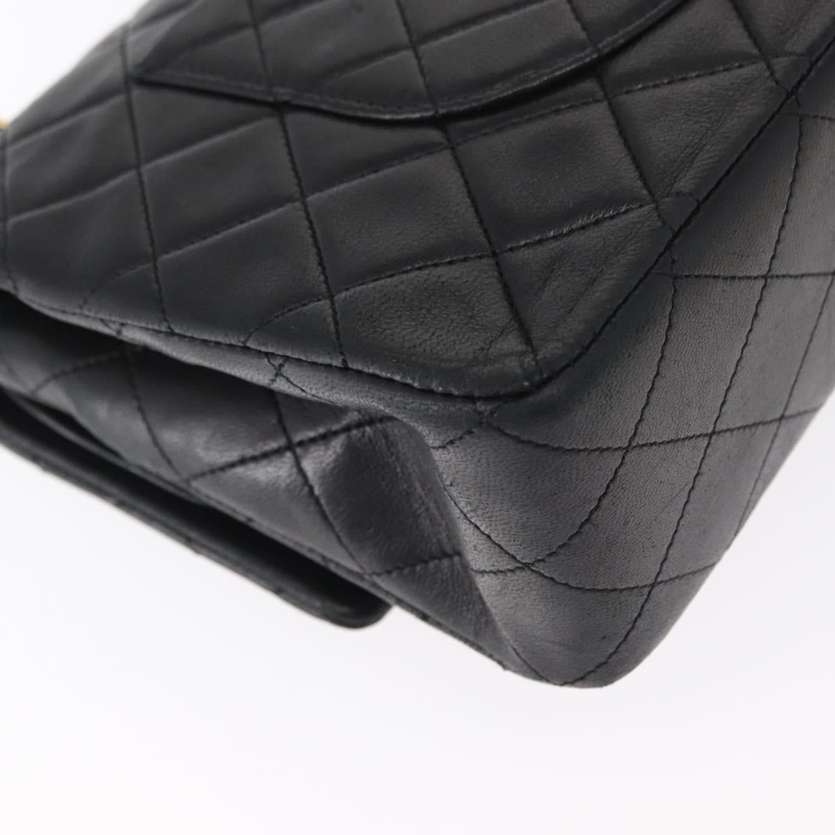 CHANEL Matelasse 25 Double Flap Chain Bag Lamb Skin Black Gold CC Auth BA9005SAM