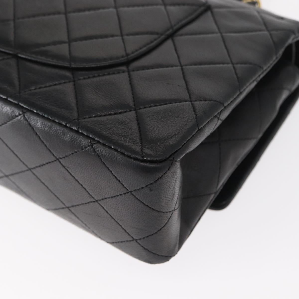 CHANEL Matelasse 25 Double Flap Chain Bag Lamb Skin Black Gold CC Auth BA9005SAM