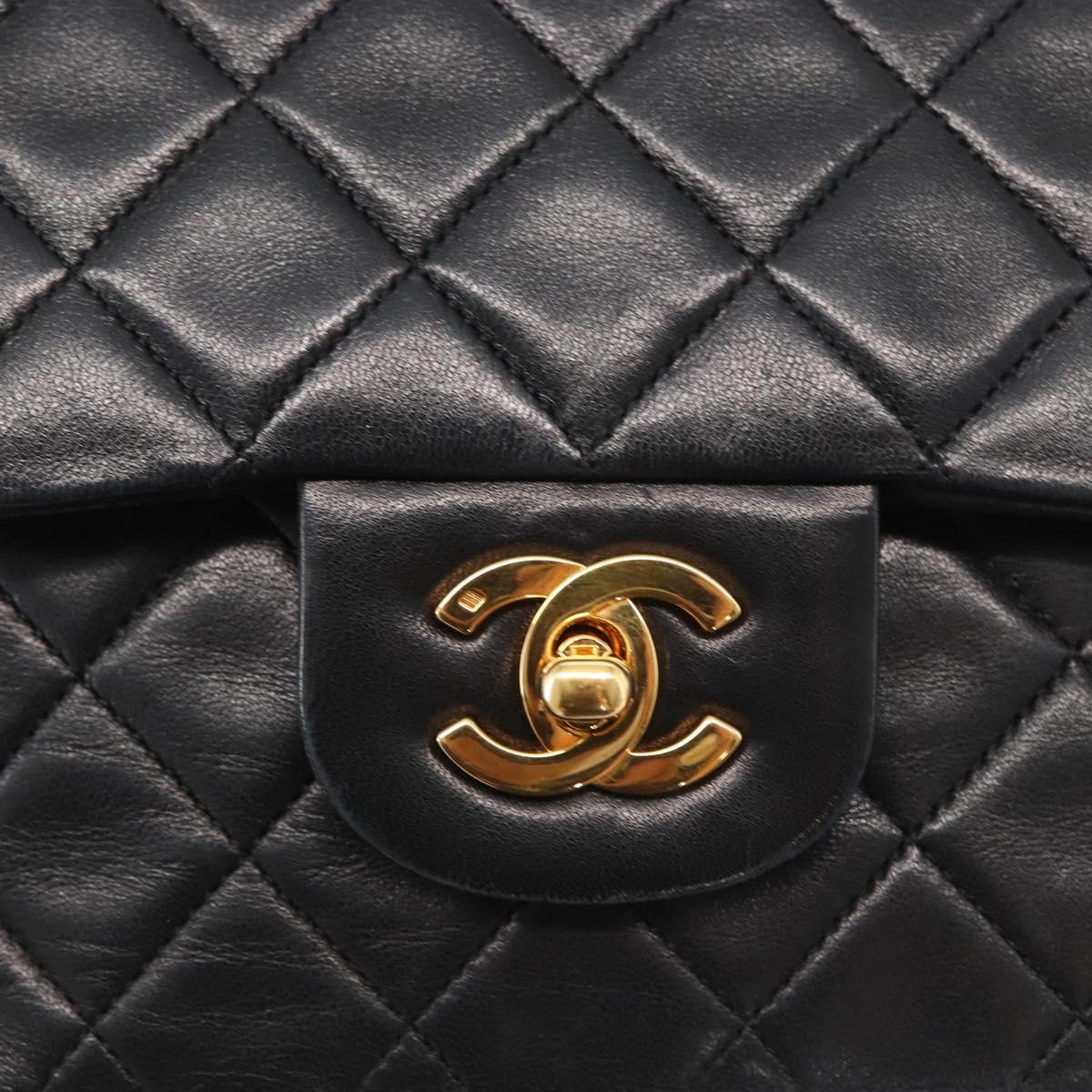 CHANEL Matelasse 25 Double Flap Chain Bag Lamb Skin Black Gold CC Auth BA9005SAM
