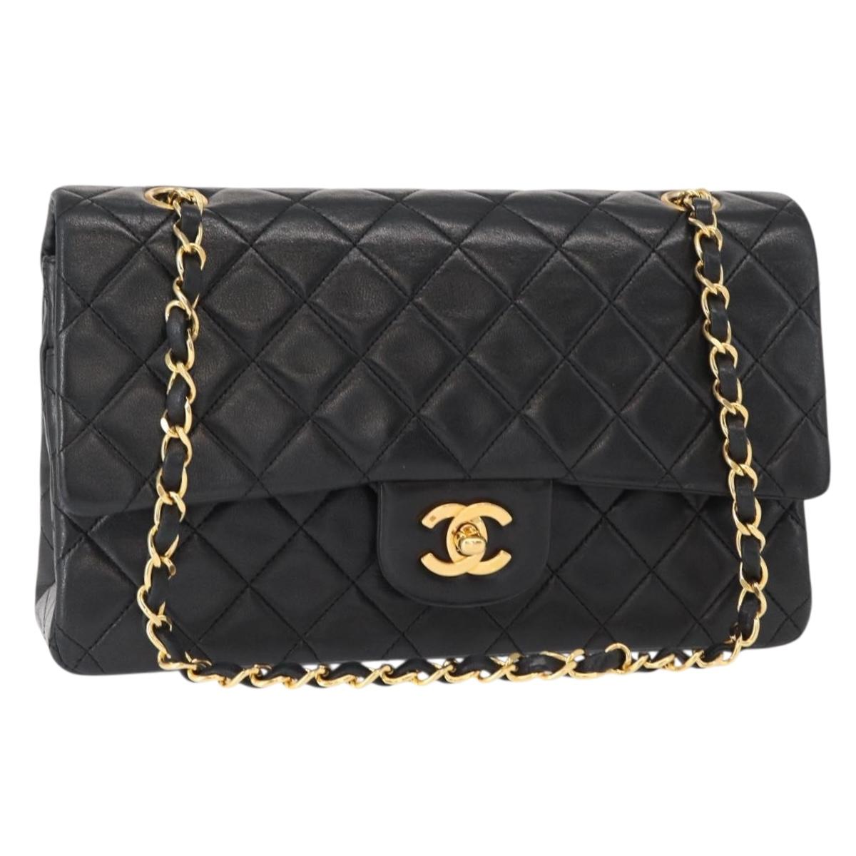CHANEL Matelasse 25 Double Flap Chain Bag Lamb Skin Black Gold CC Auth BA9005SAM