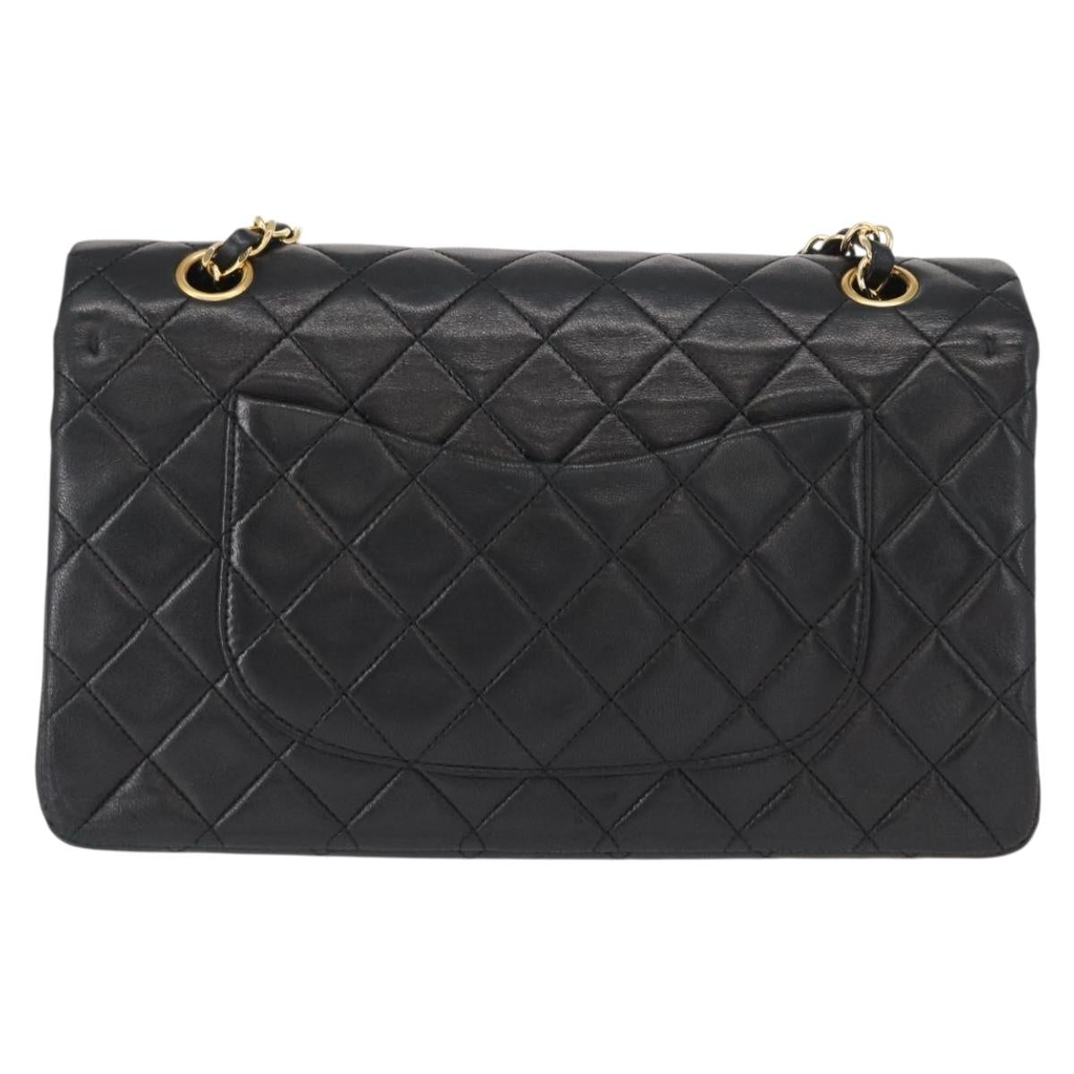 CHANEL Matelasse 25 Double Flap Chain Bag Lamb Skin Black Gold CC Auth BA9005SAM