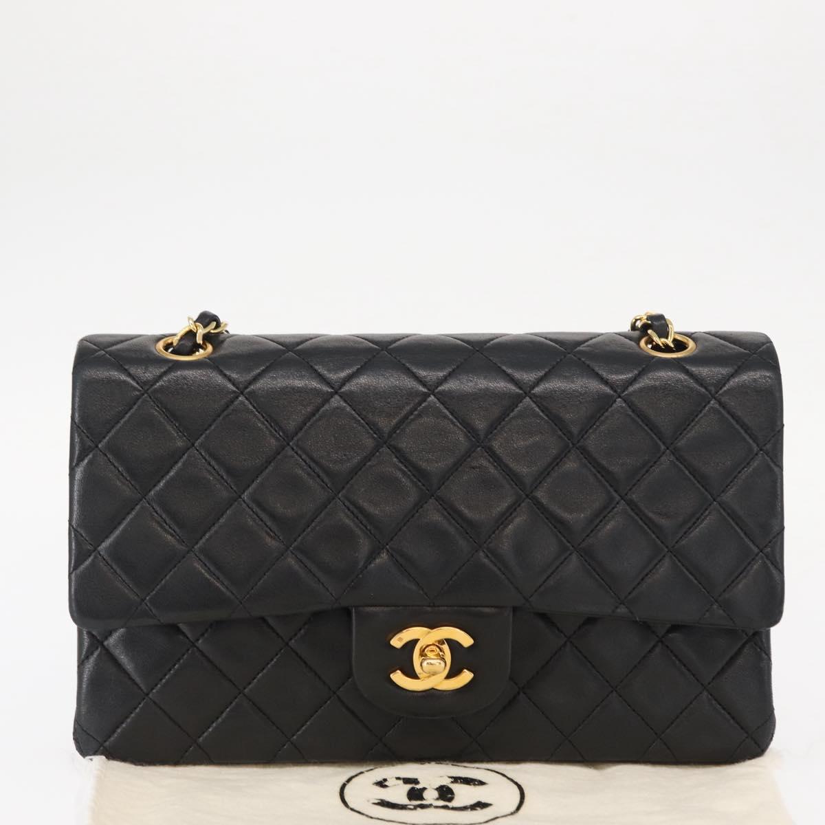 CHANEL Matelasse 25 Double Flap Chain Bag Lamb Skin Black Gold CC Auth BA9005SAM