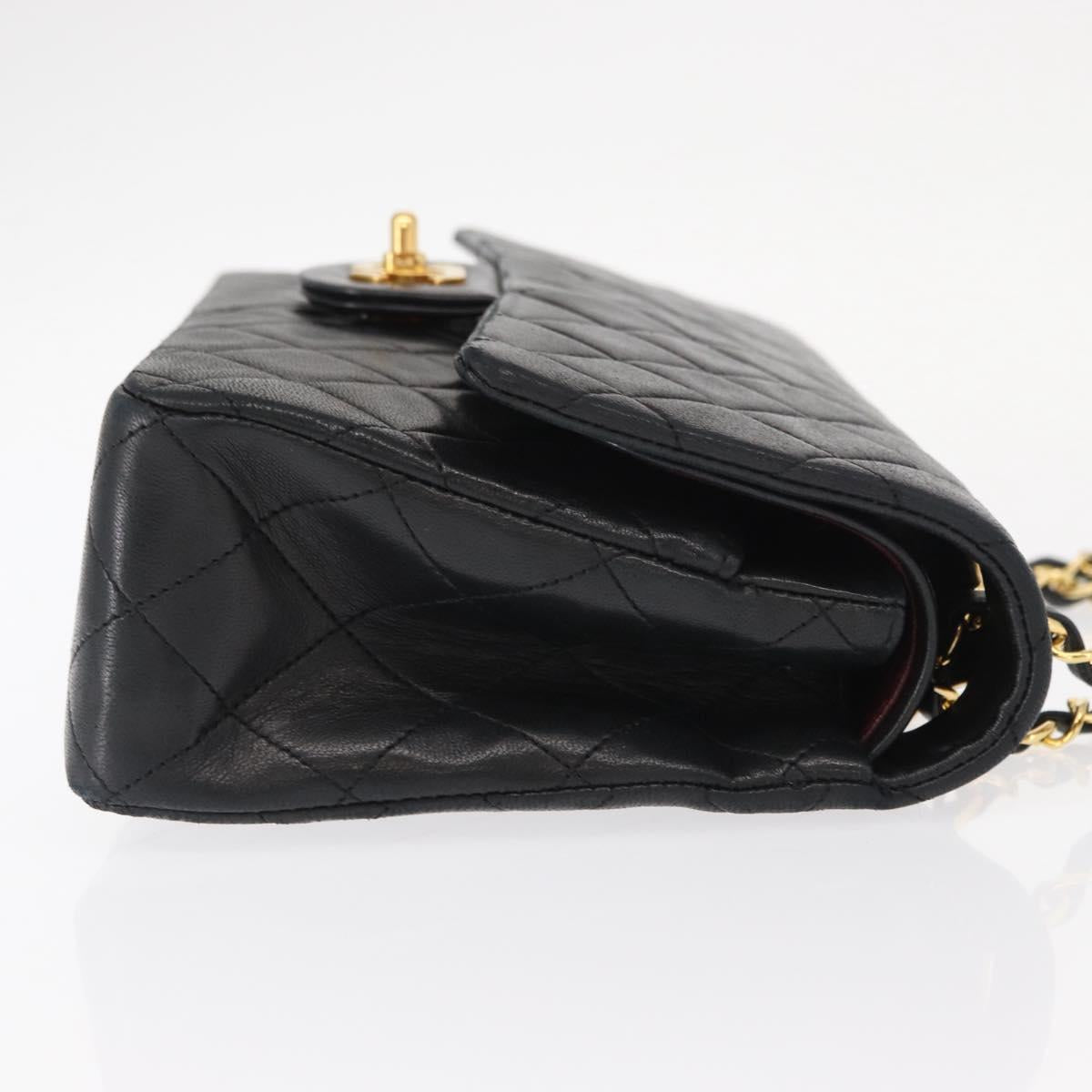 CHANEL Matelasse 25 Double Flap Chain Bag Lamb Skin Black Gold CC Auth BA9005SAM