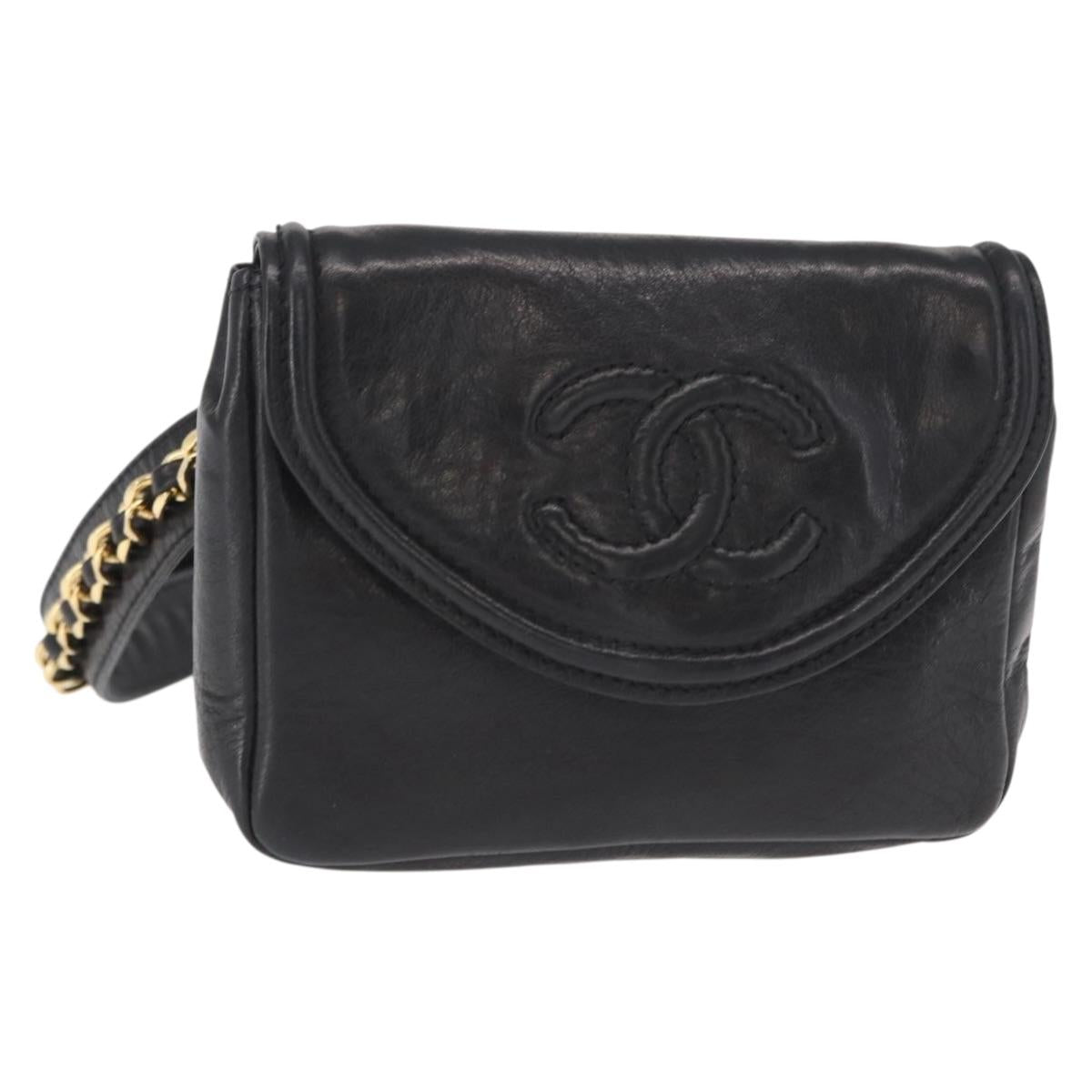 CHANEL Waist bag Lamb Skin Black Gold CC Auth BA9020