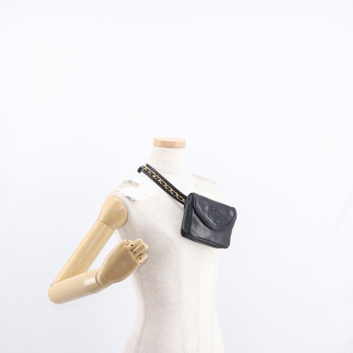 CHANEL Waist bag Lamb Skin Black Gold CC Auth BA9020