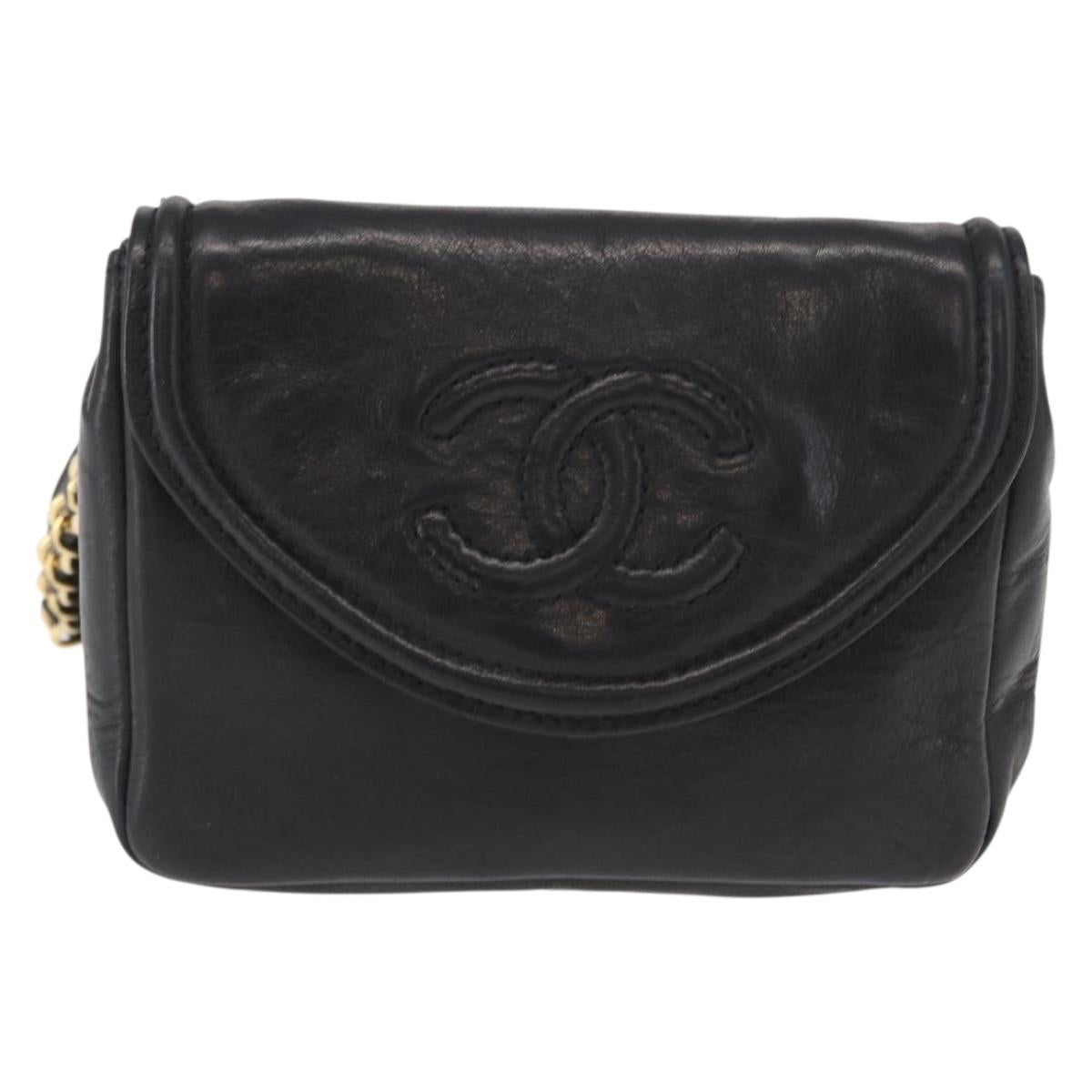 CHANEL Waist bag Lamb Skin Black Gold CC Auth BA9020