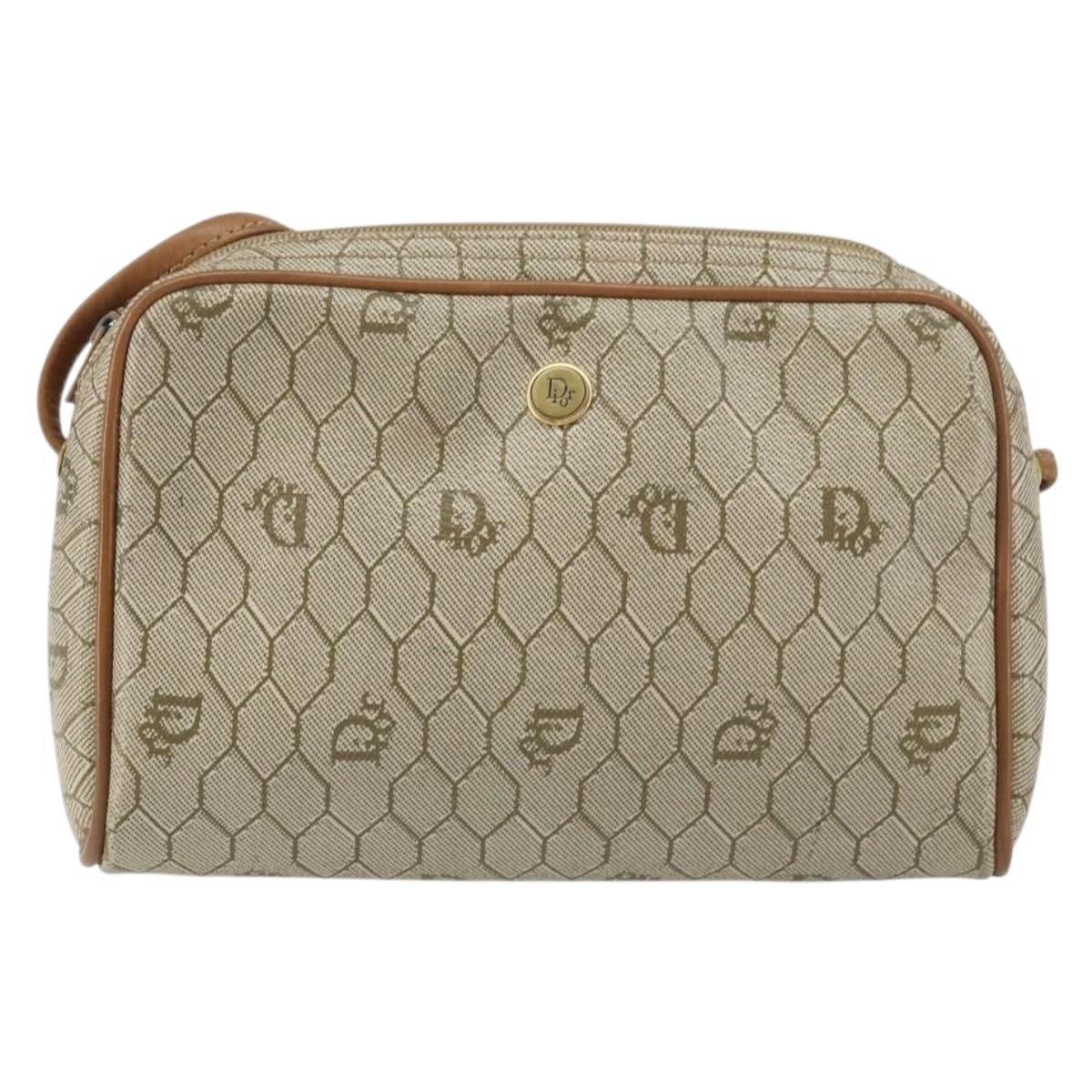 Christian Dior Honeycomb Canvas Shoulder Bag PVC Beige Gold Auth BA9036