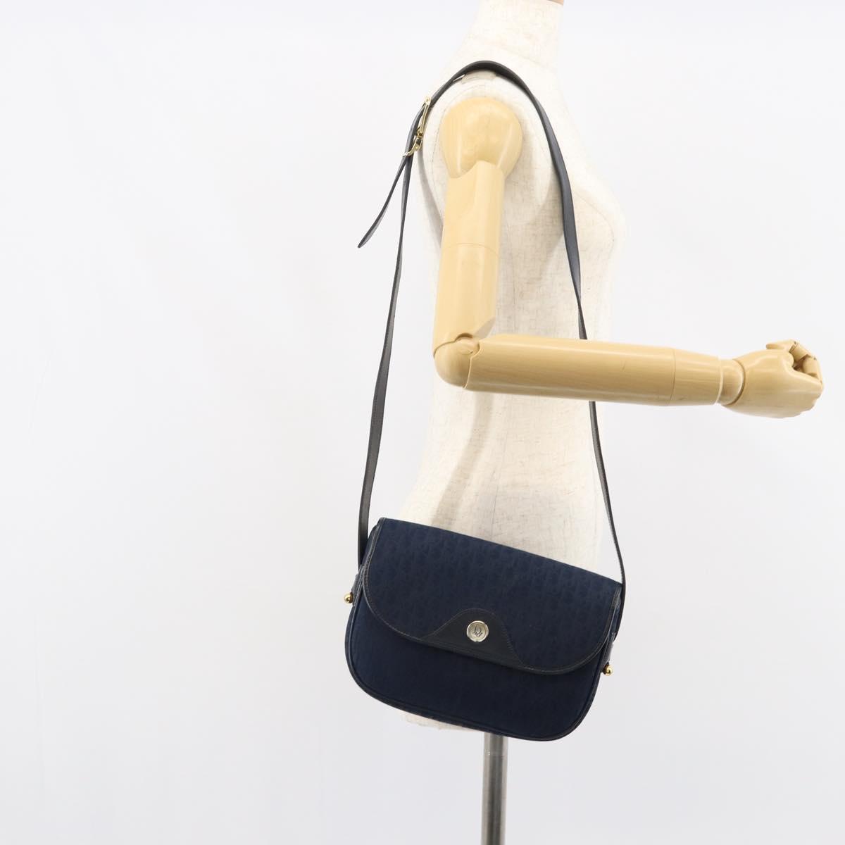 Christian Dior Trotter Canvas Shoulder Bag Navy Gold Auth BA9037