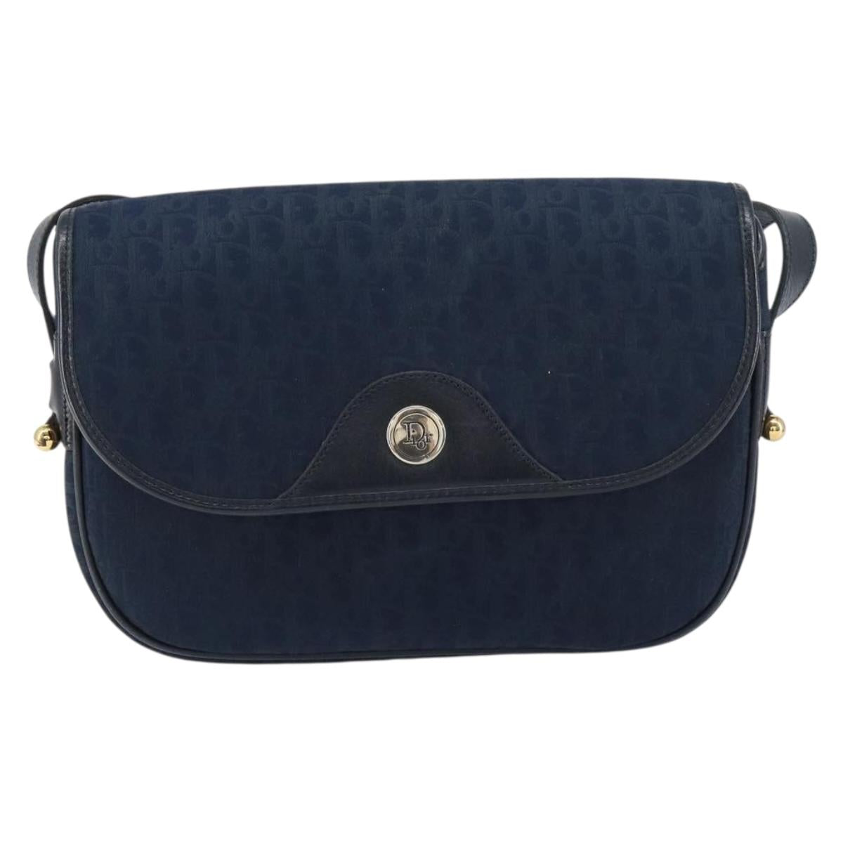 Christian Dior Trotter Canvas Shoulder Bag Navy Gold Auth BA9037