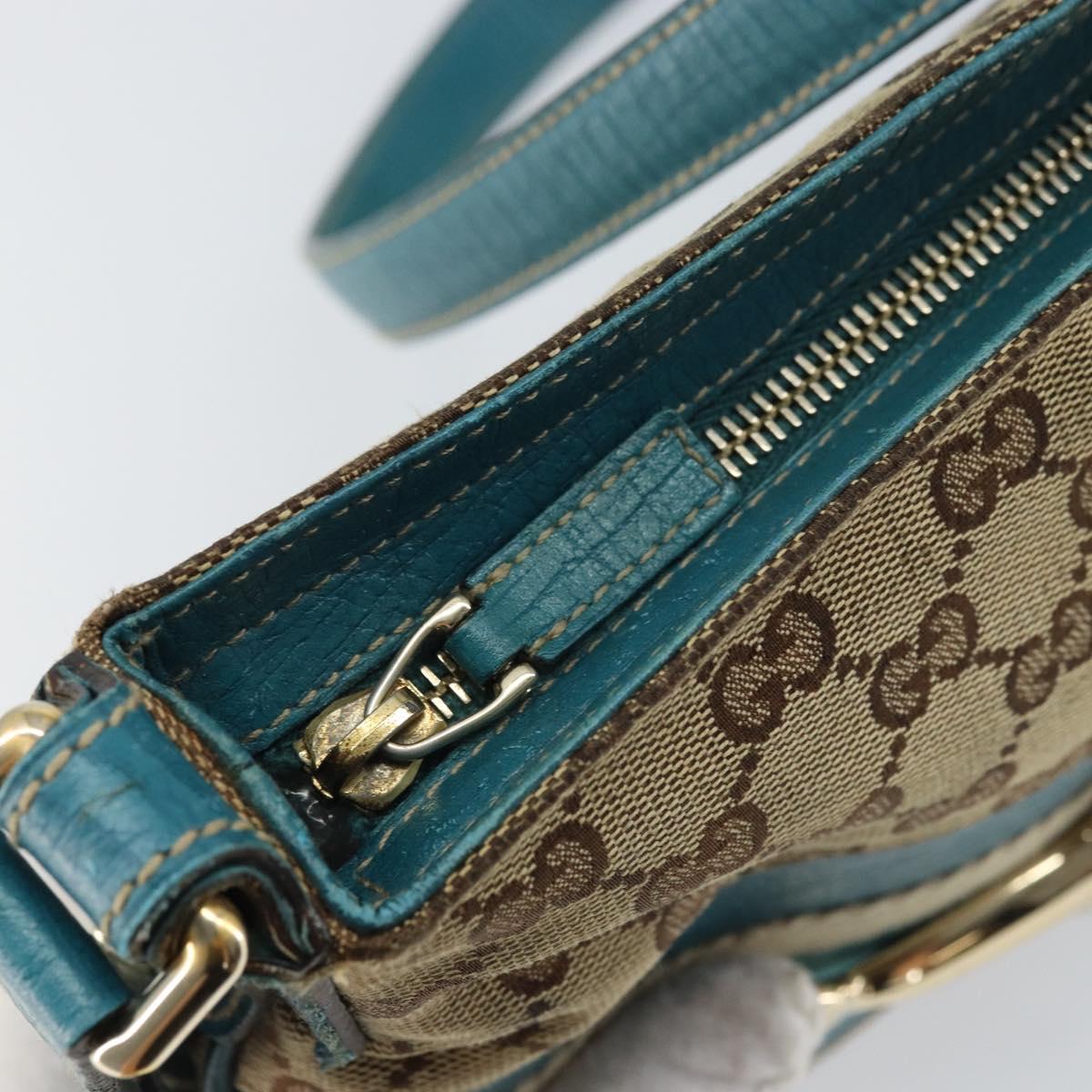 GUCCI GG Canvas Shoulder Bag Beige Turquoise Blue Gold 141506 Auth BA9062