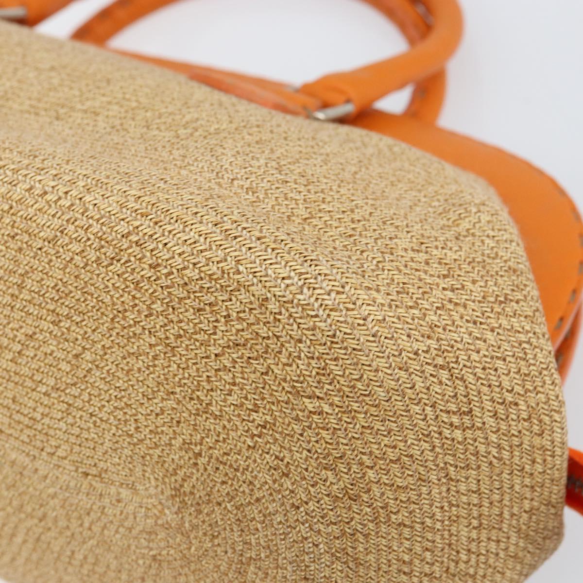 FENDI Celeria Hand Bag Raffia Beige Silver Auth BA9072