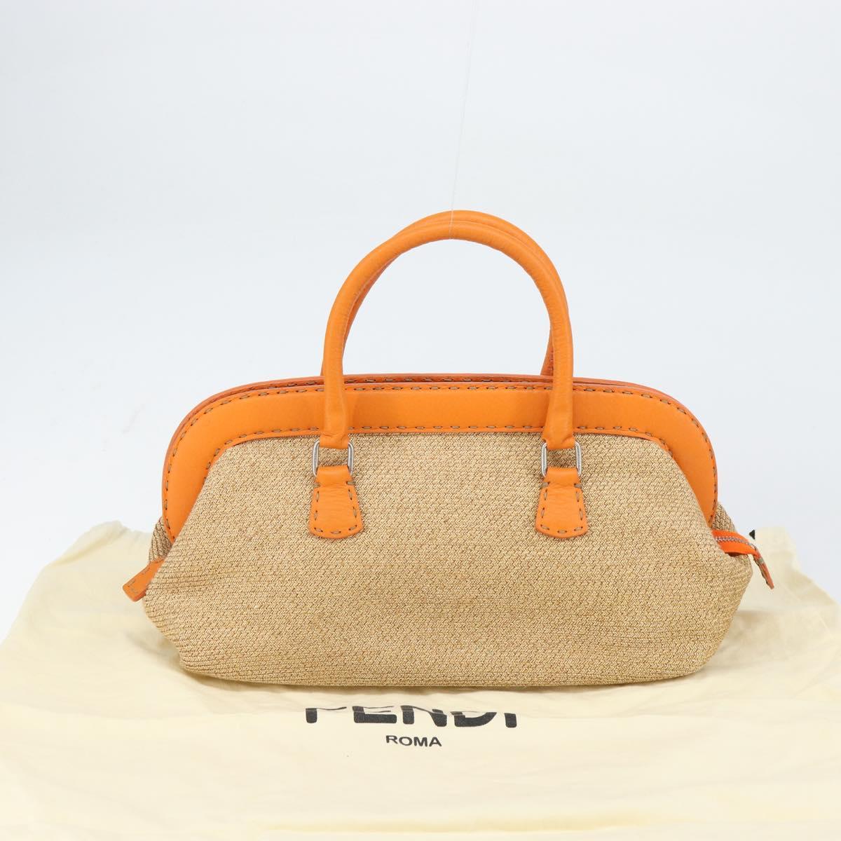FENDI Celeria Hand Bag Raffia Beige Silver Auth BA9072