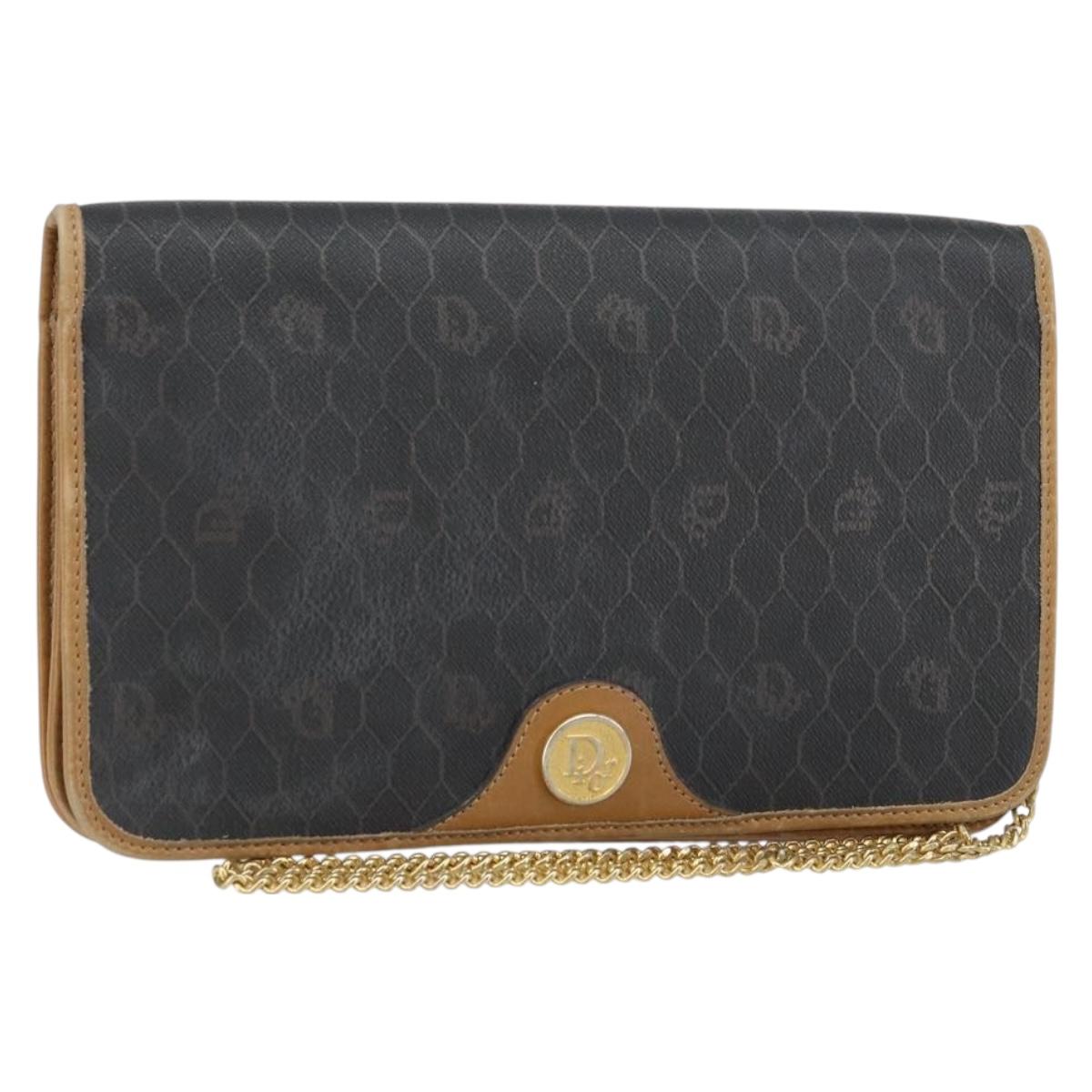Christian Dior Honeycomb Canvas Chain Shoulder Bag PVC Black Gold Auth BA9075