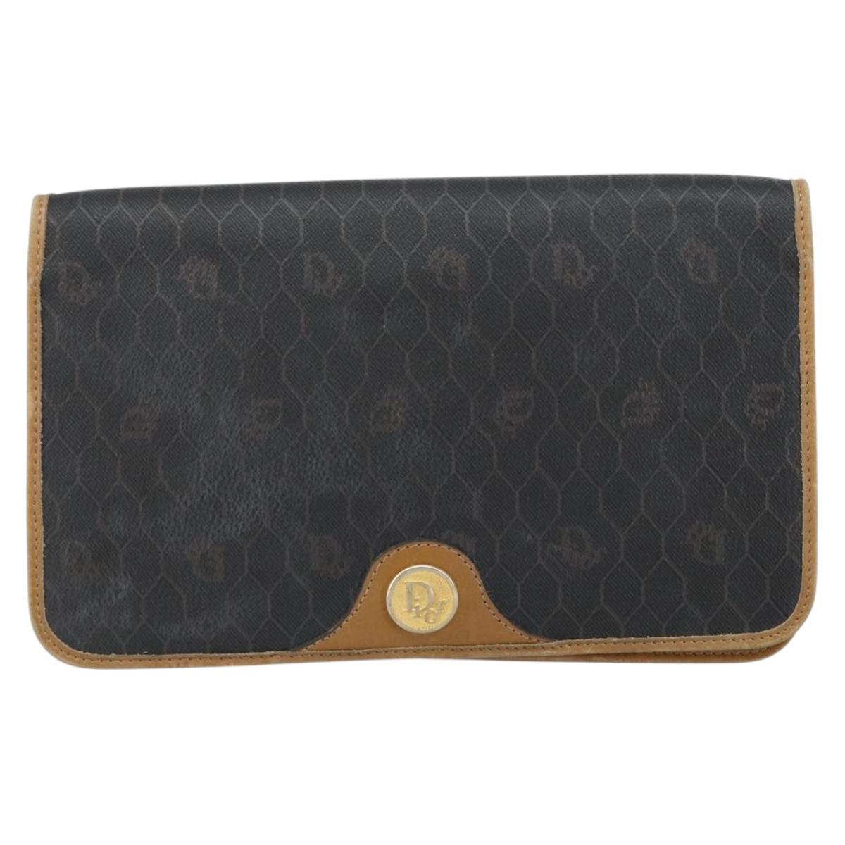 Christian Dior Honeycomb Canvas Chain Shoulder Bag PVC Black Gold Auth BA9075