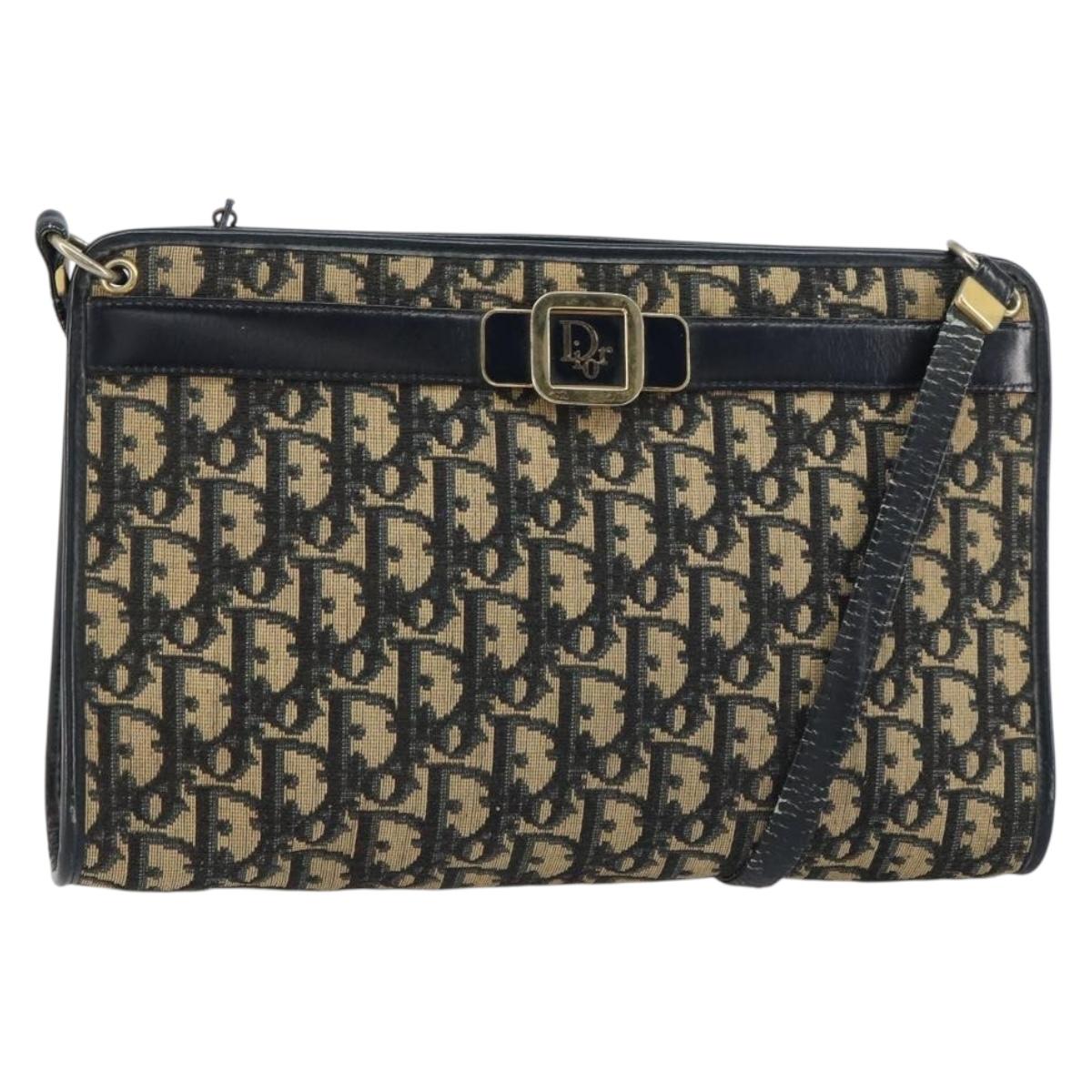 Christian Dior Trotter Canvas Shoulder Bag Navy Gold Auth BA9130